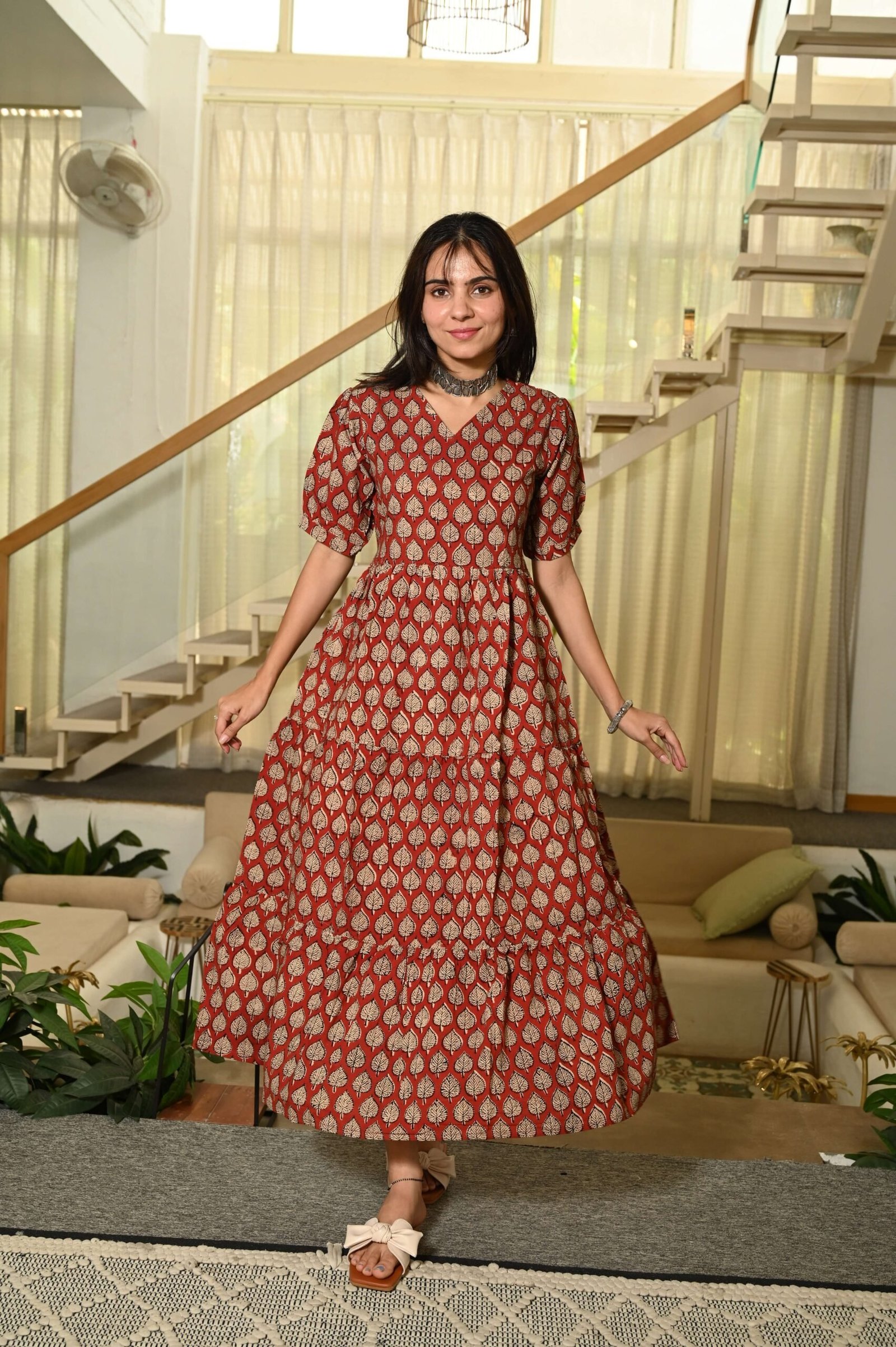 Red Printed Cotton Anarkali Maxi Dress with Puff Sleeves Elegant Casual Wear