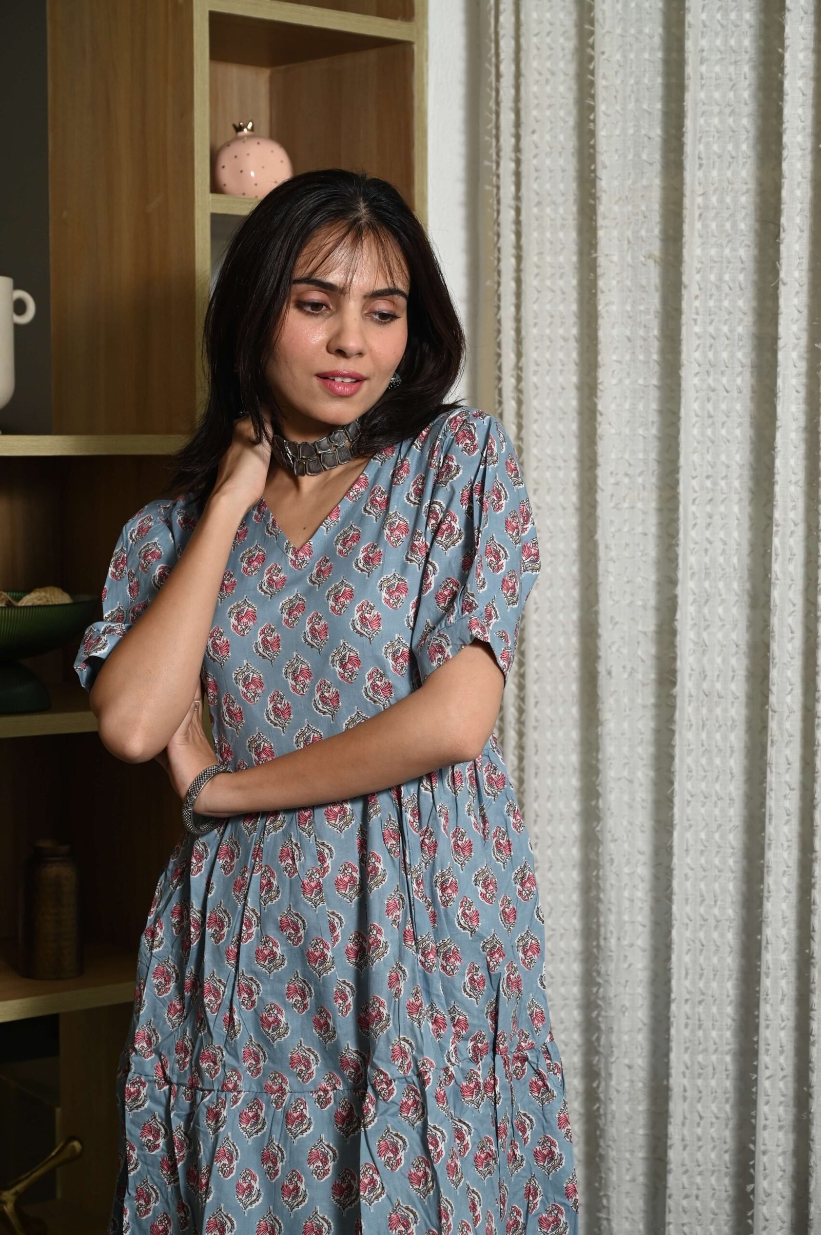 Sky Blue Floral Printed Cotton Anarkali Maxi Dress with Puff Sleeves Elegant Casual Wear