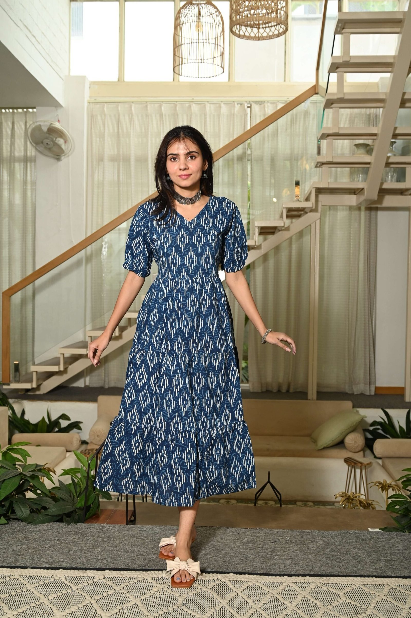 White And Blue Printed Cotton Anarkali Maxi Dress with Puff Sleeves Elegant Casual Wear