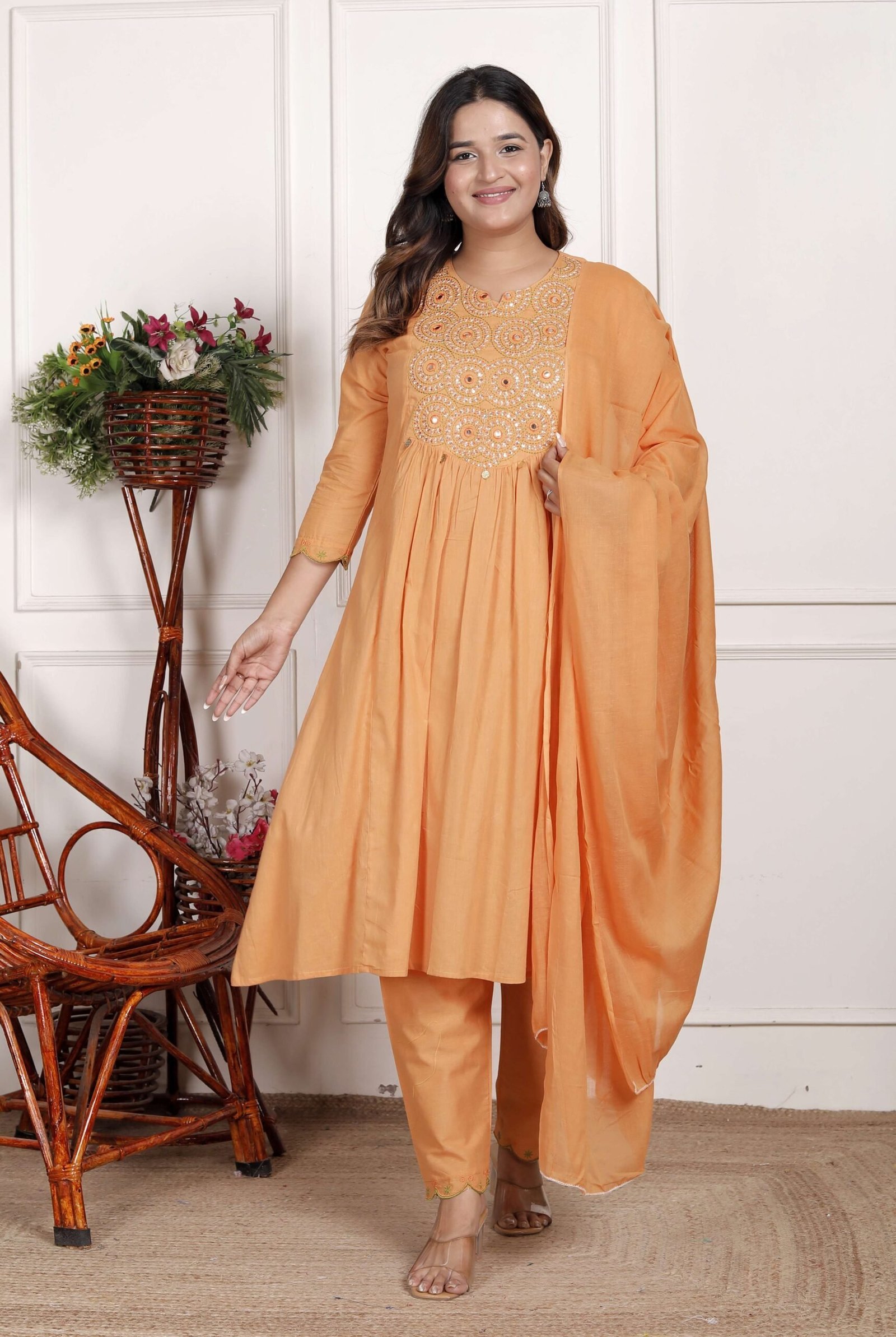 Women’s Cotton Embroidered Anarkali Kurti With Pant and Dupatta Set (ORANGE)