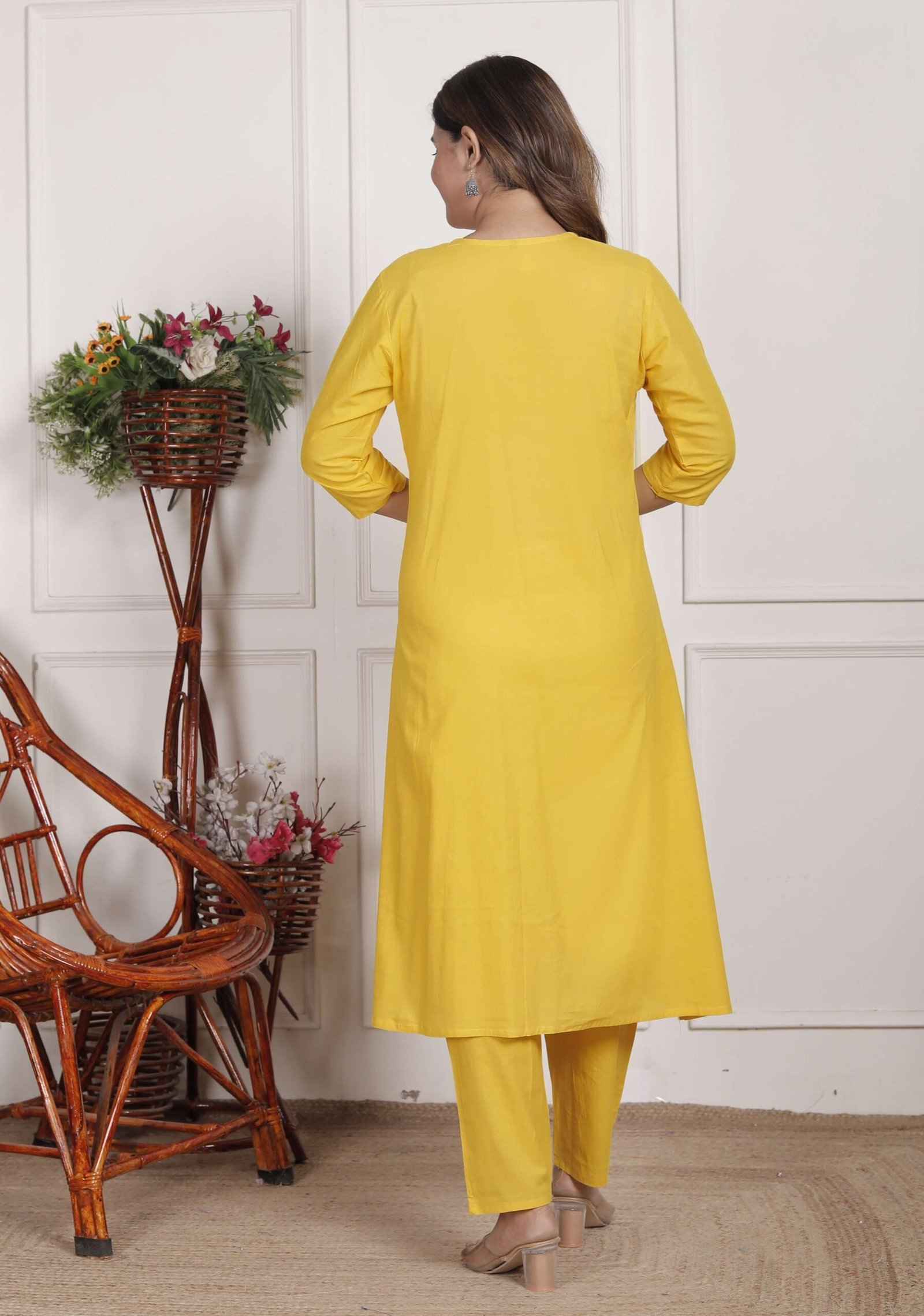 Women’s Cotton Embroidered Anarkali Kurti With Pant (Yellow)