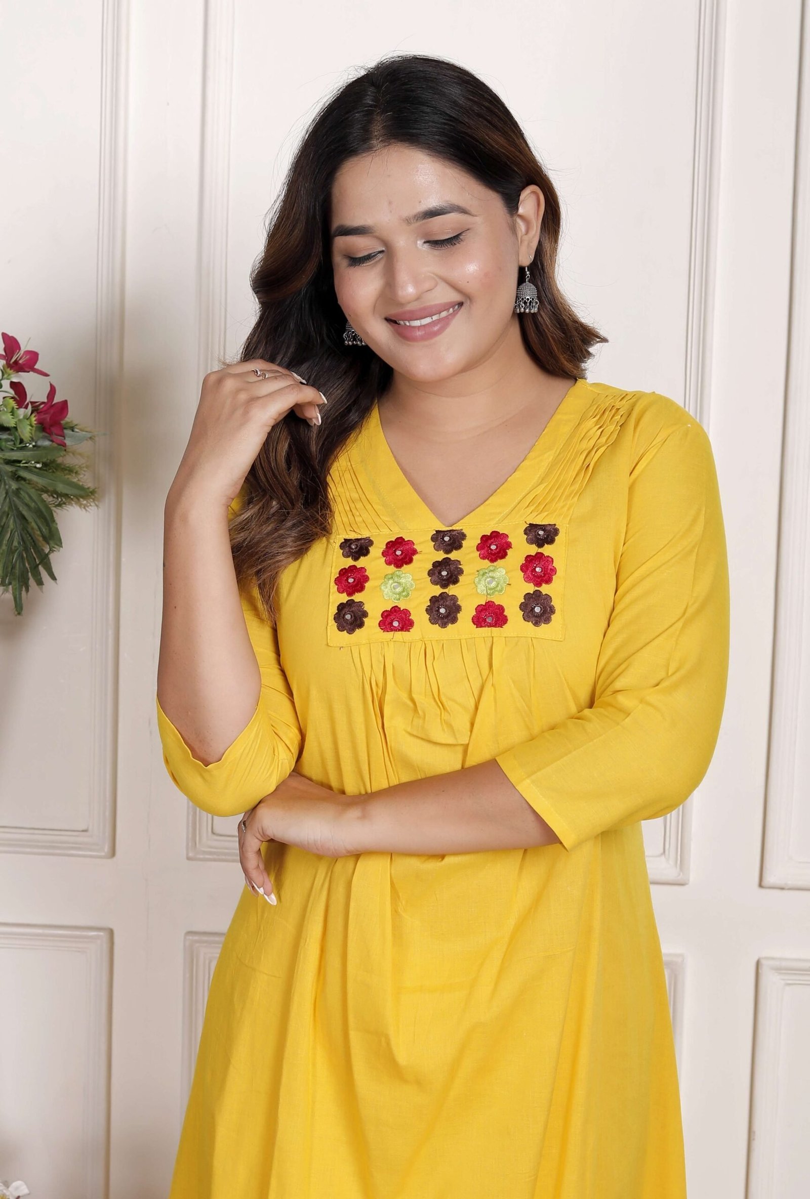 Women’s Cotton Embroidered Anarkali Kurti With Pant (Yellow)