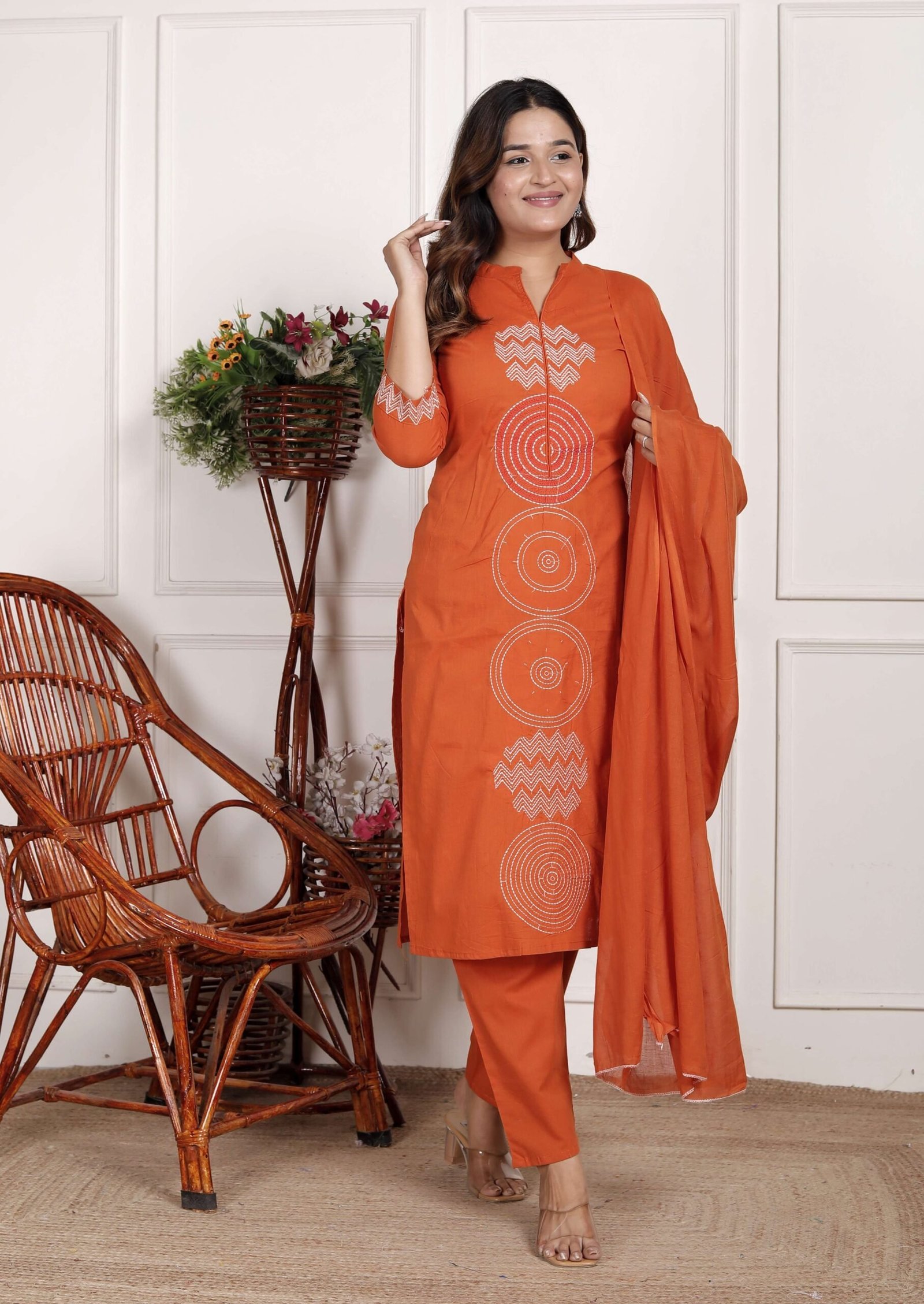 Women’s Cotton Printed Straight Kurti With Pant and Dupatta Set (DARK Orange)