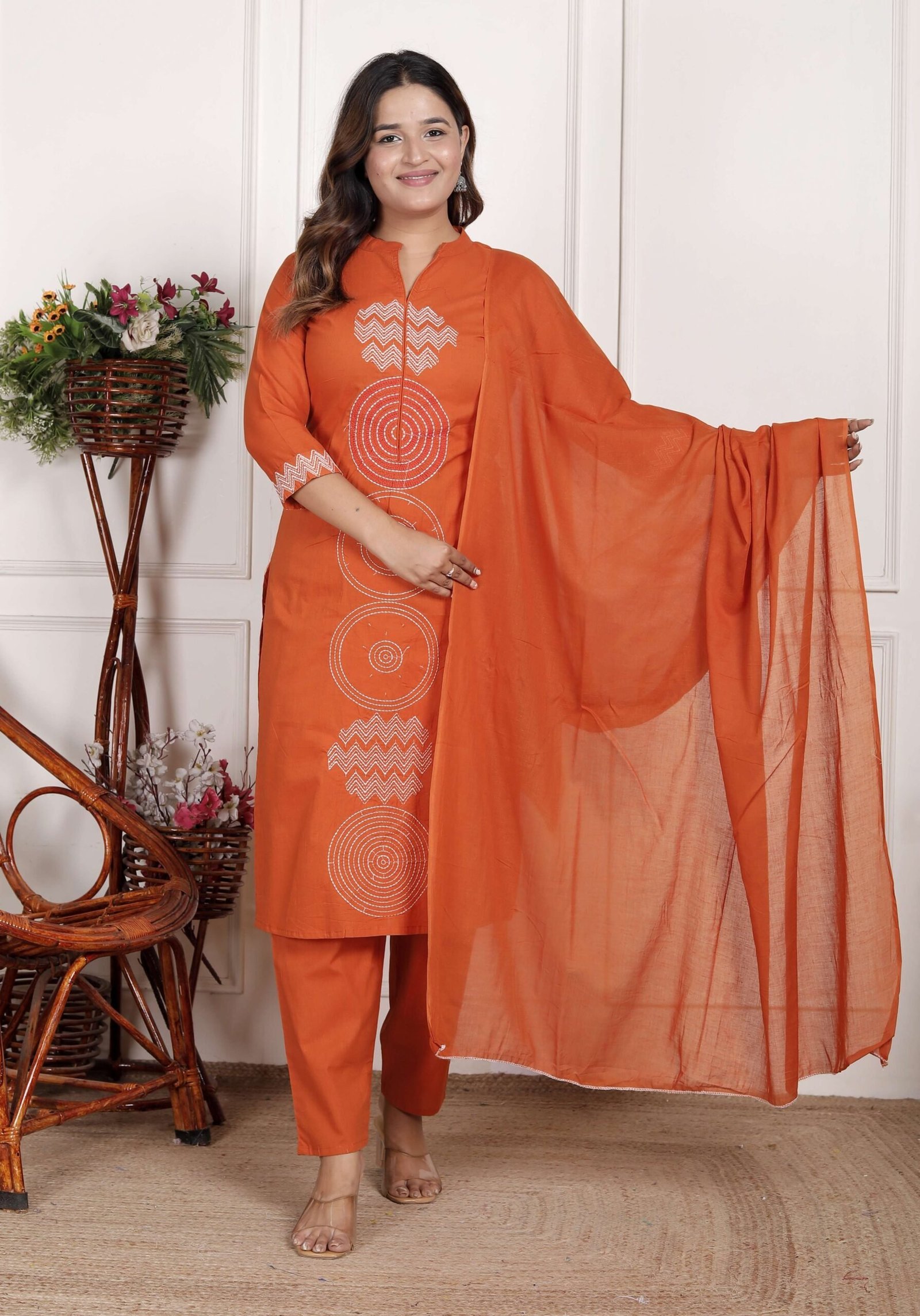 Women’s Cotton Printed Straight Kurti With Pant and Dupatta Set (DARK Orange)