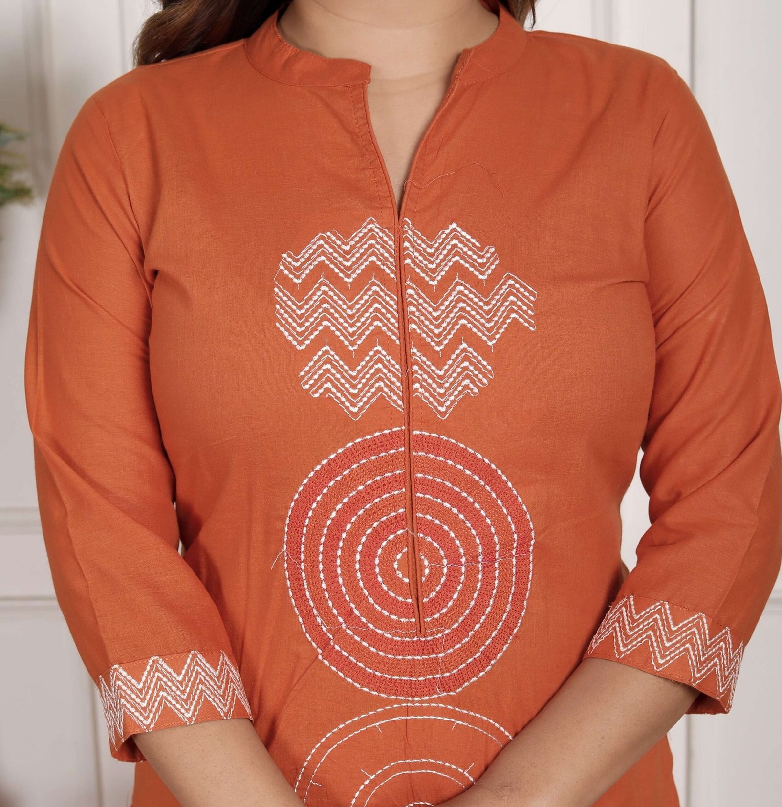 Women’s Cotton Printed Straight Kurti With Pant and Dupatta Set (DARK Orange)