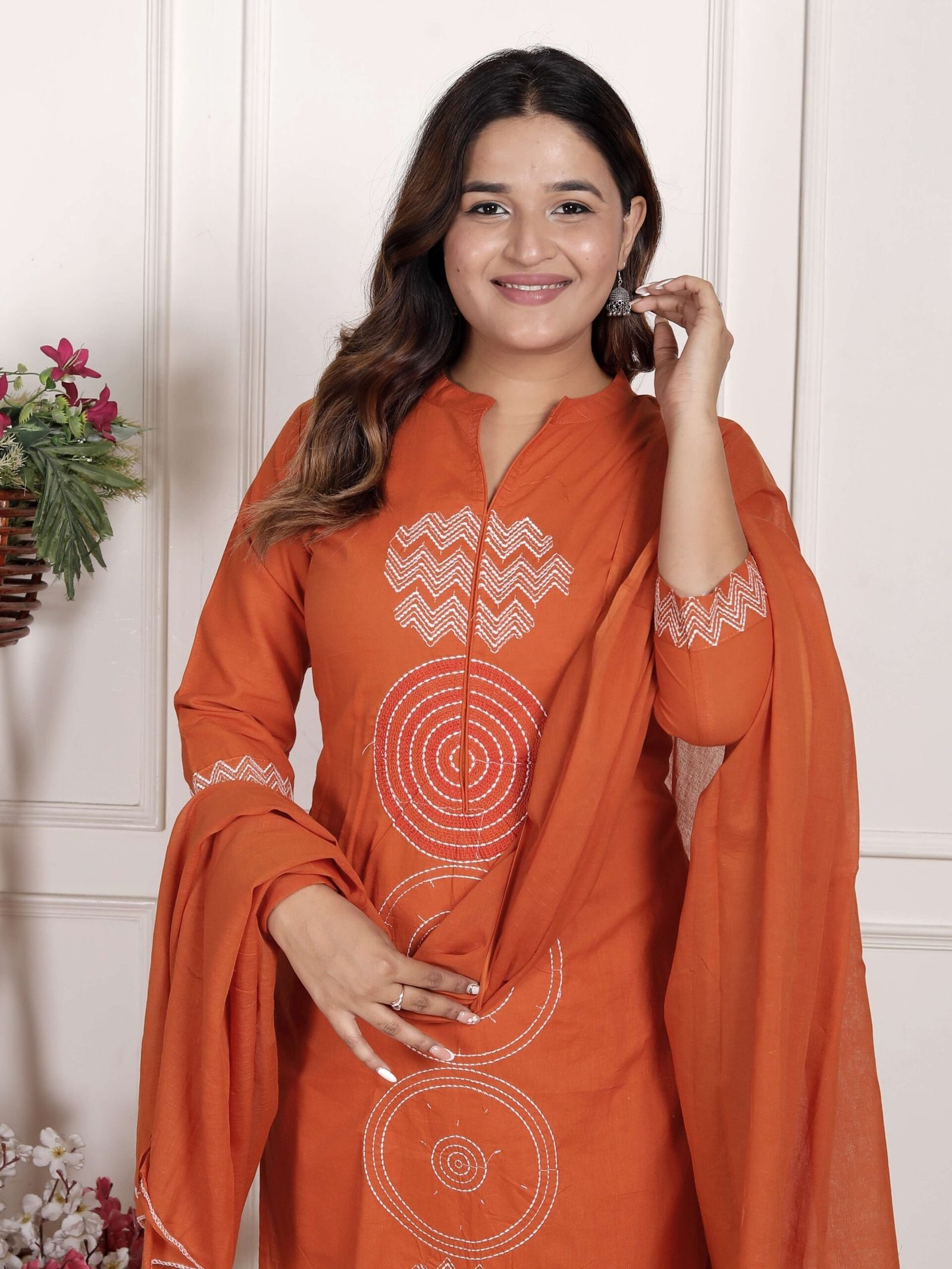 Women’s Cotton Printed Straight Kurti With Pant and Dupatta Set (DARK Orange)