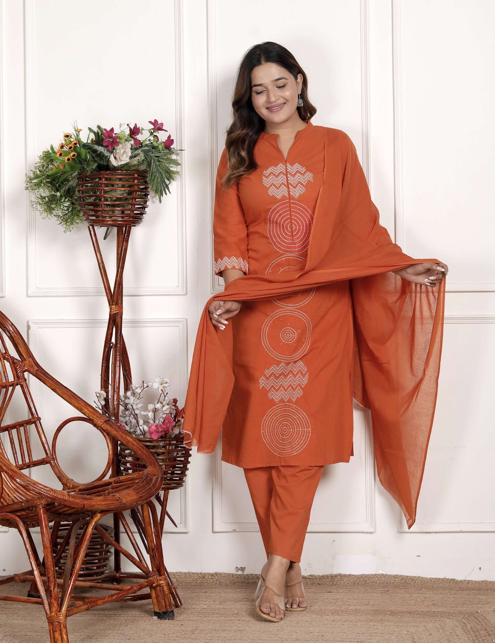 Women’s Cotton Printed Straight Kurti With Pant and Dupatta Set (DARK Orange)