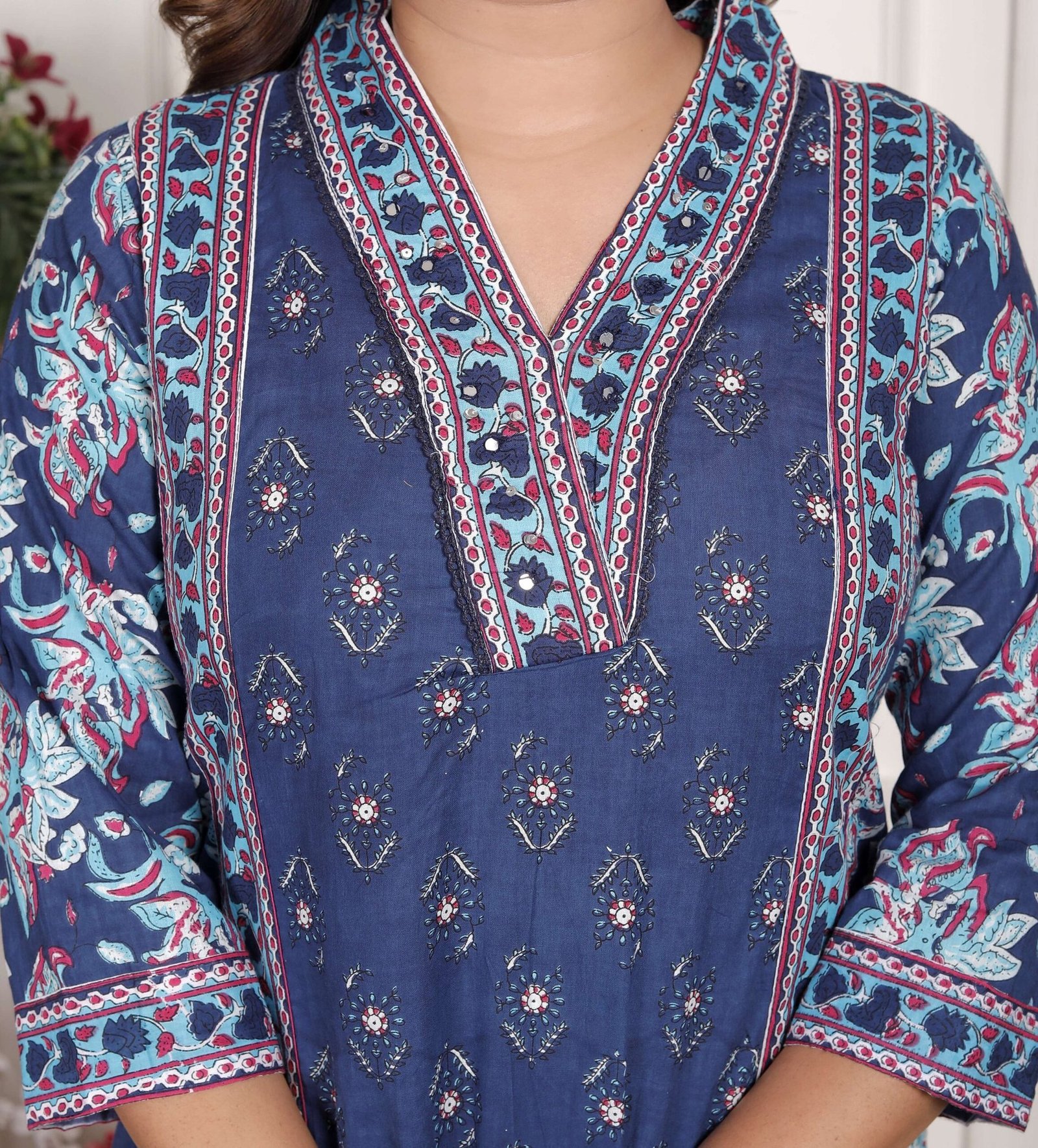 Women’s Cotton Printed Straight Kurti With Pant and Dupatta Set (Navy Blue)