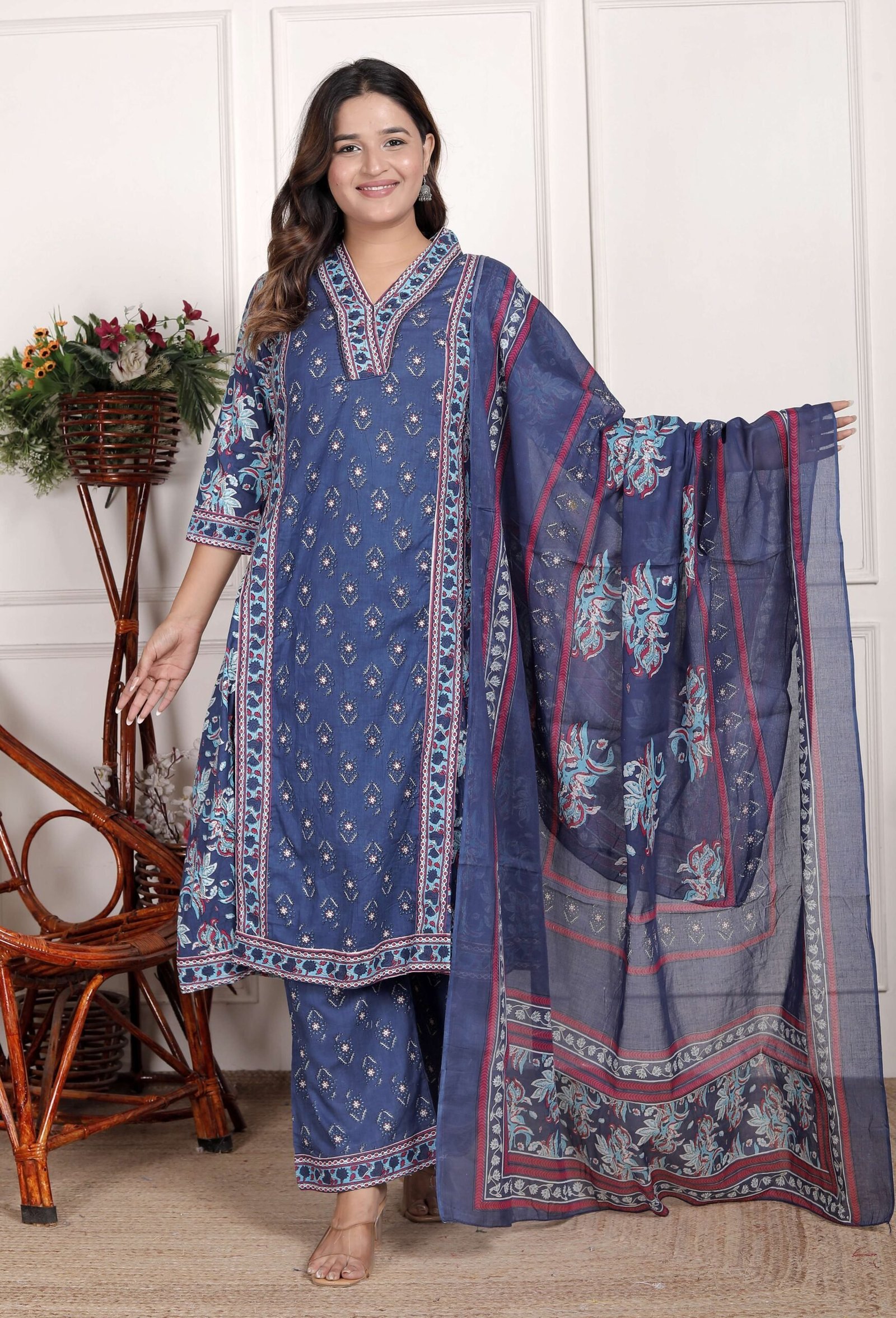 Women’s Cotton Printed Straight Kurti With Pant and Dupatta Set (Navy Blue)