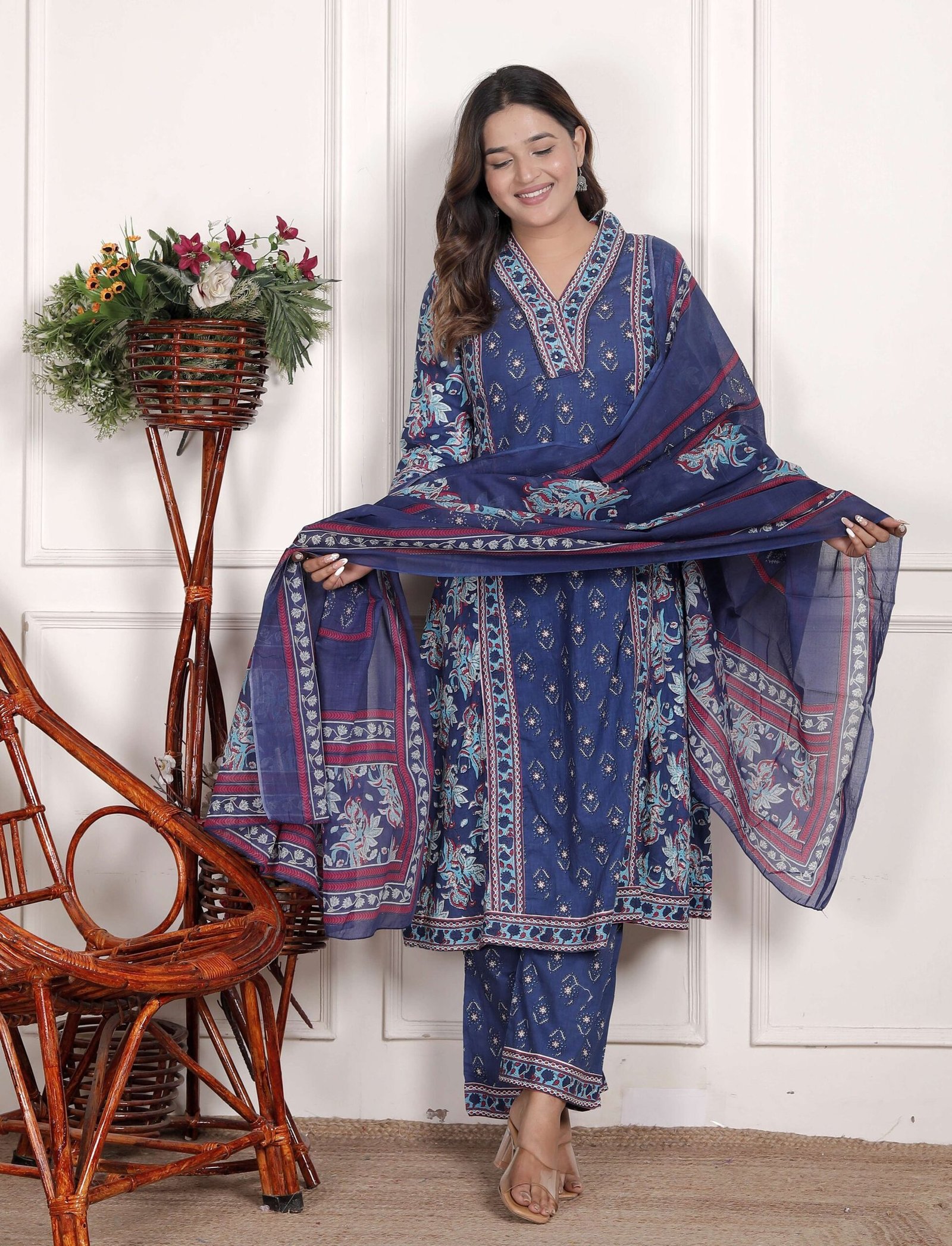 Women’s Cotton Printed Straight Kurti With Pant and Dupatta Set (Navy Blue)