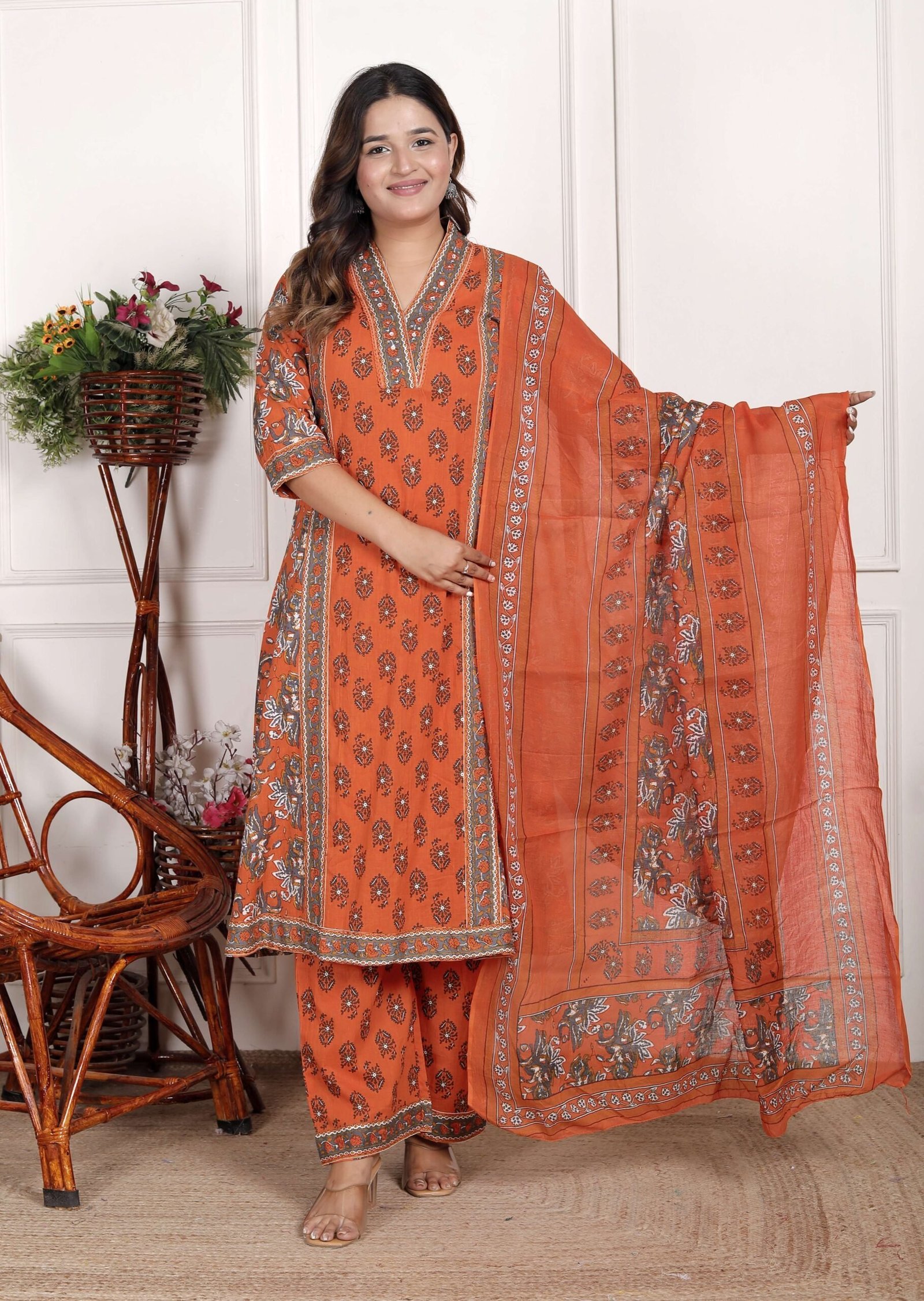 Women’s Cotton Printed Straight Kurti With Pant and Dupatta Set (Orange)