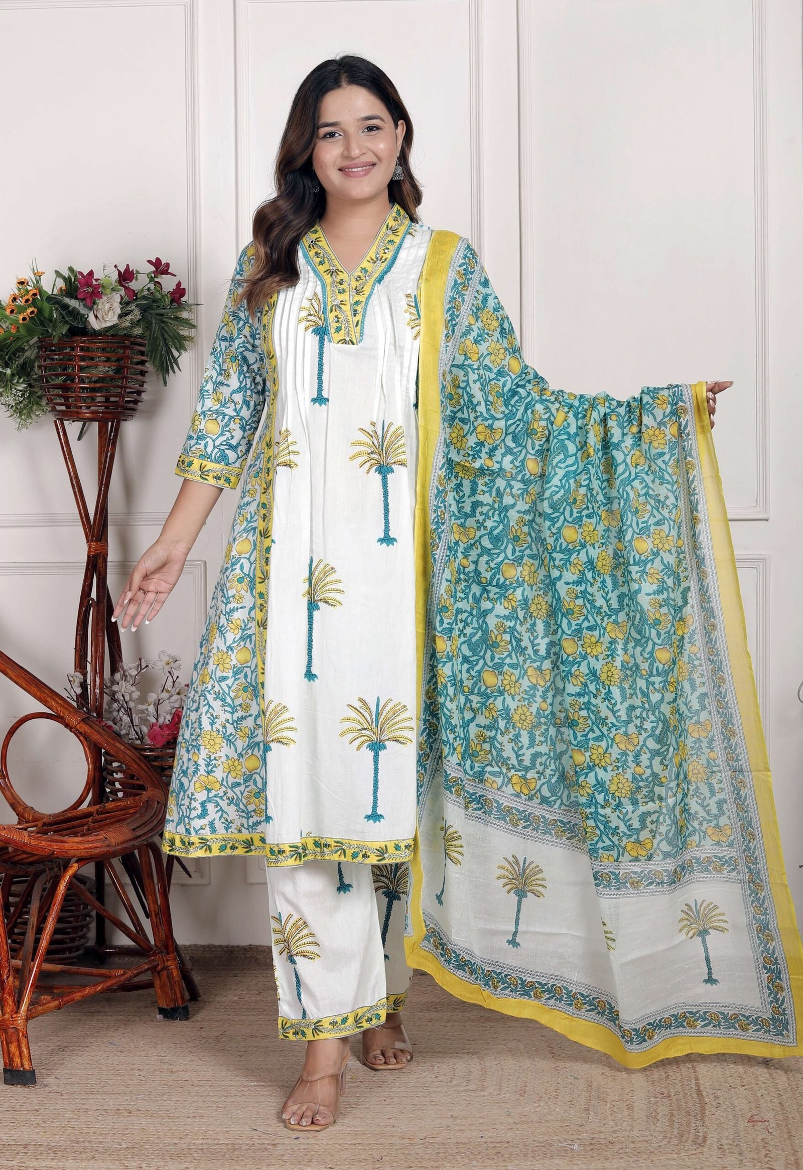 Women’s Cotton Printed Straight Kurti With Pant and Dupatta Set (White Aqua Blue)
