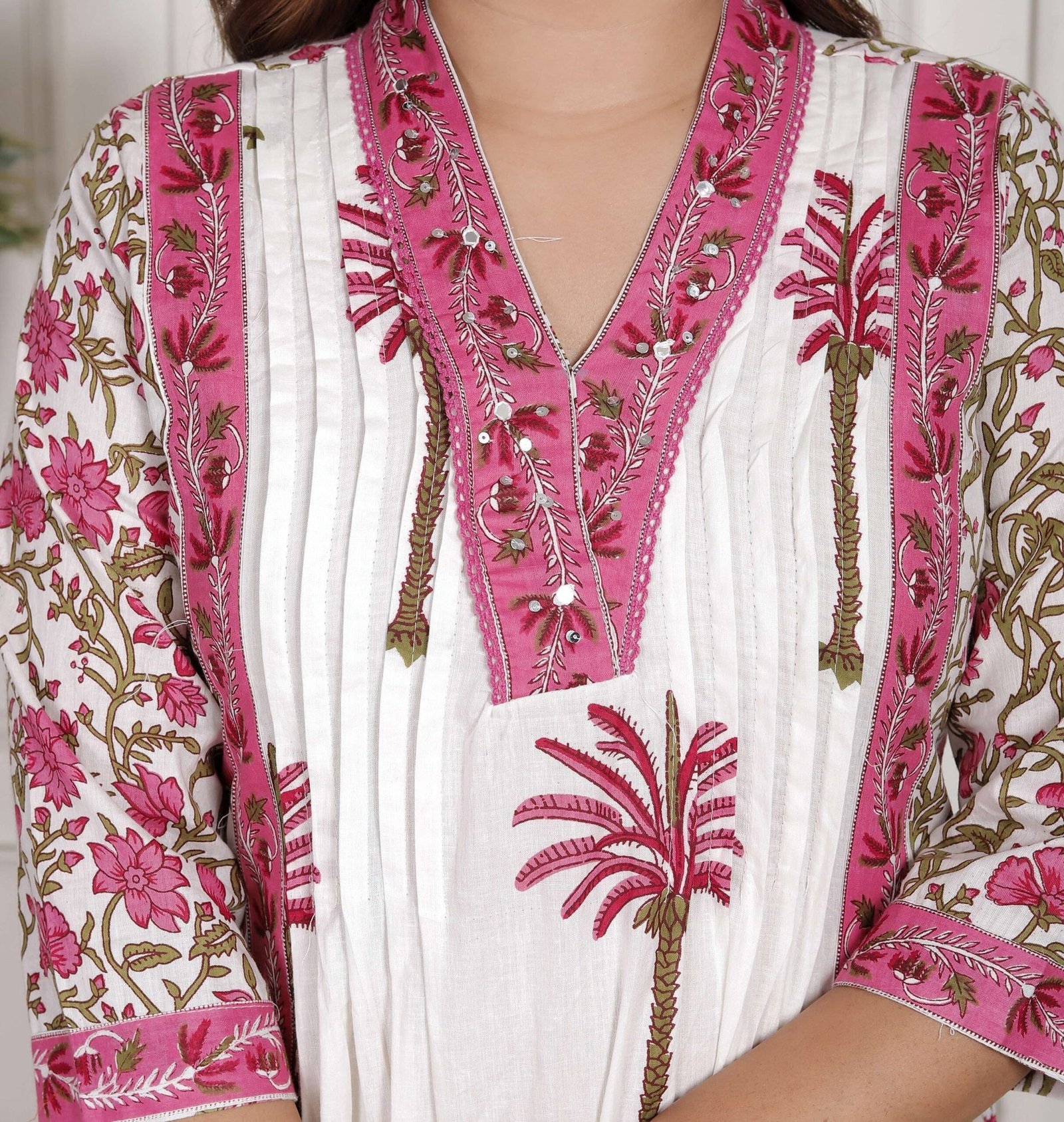 Women’s Cotton Printed Straight Kurti With Pant and Dupatta Set (White Pink)