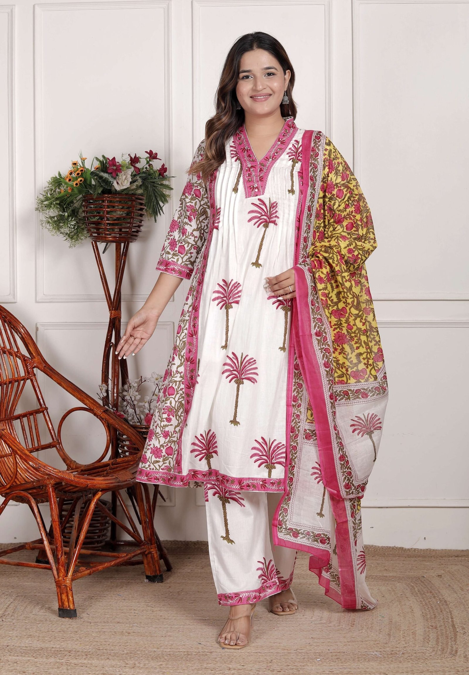 Women’s Cotton Printed Straight Kurti With Pant and Dupatta Set (White Pink)