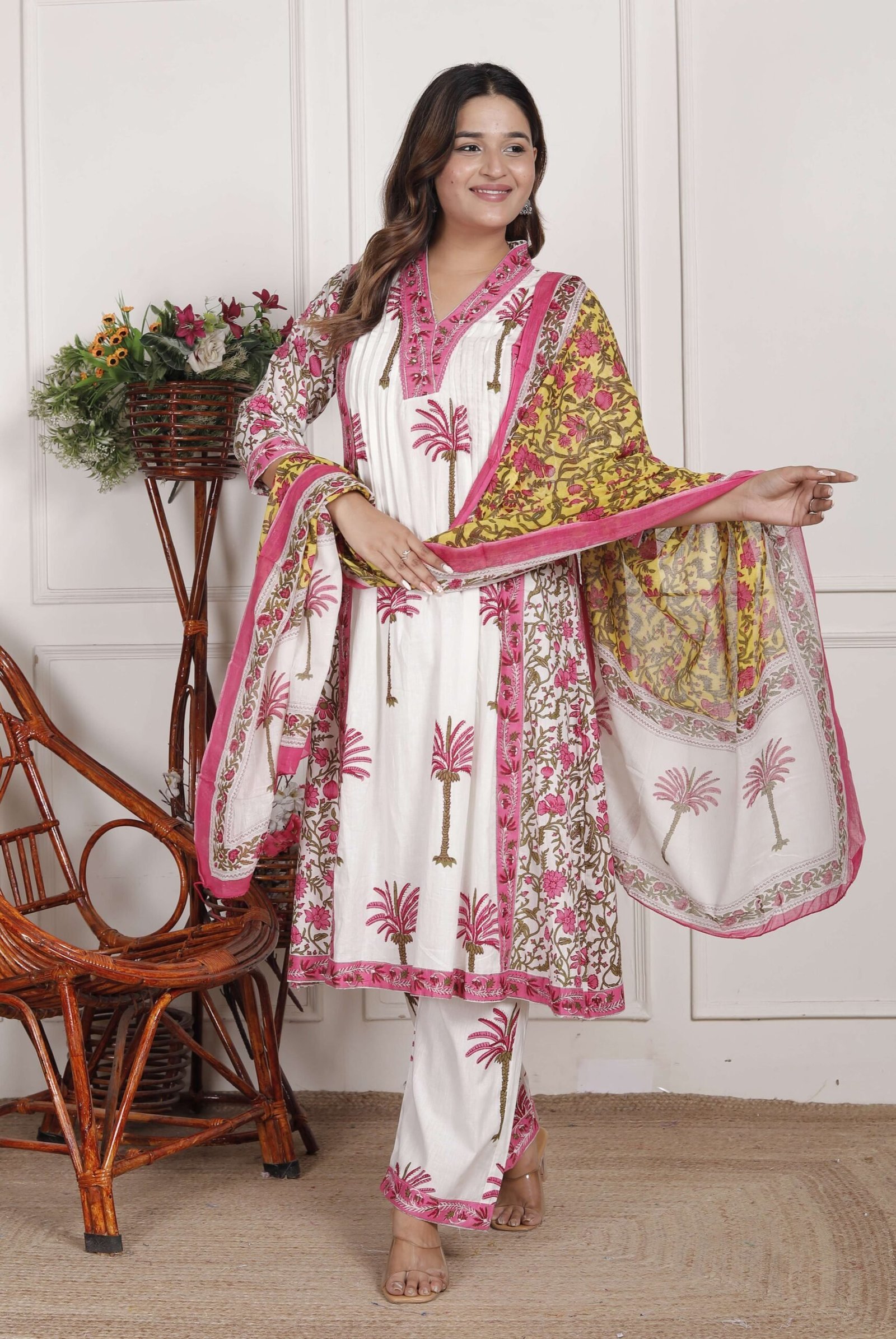 Women’s Cotton Printed Straight Kurti With Pant and Dupatta Set (White Pink)