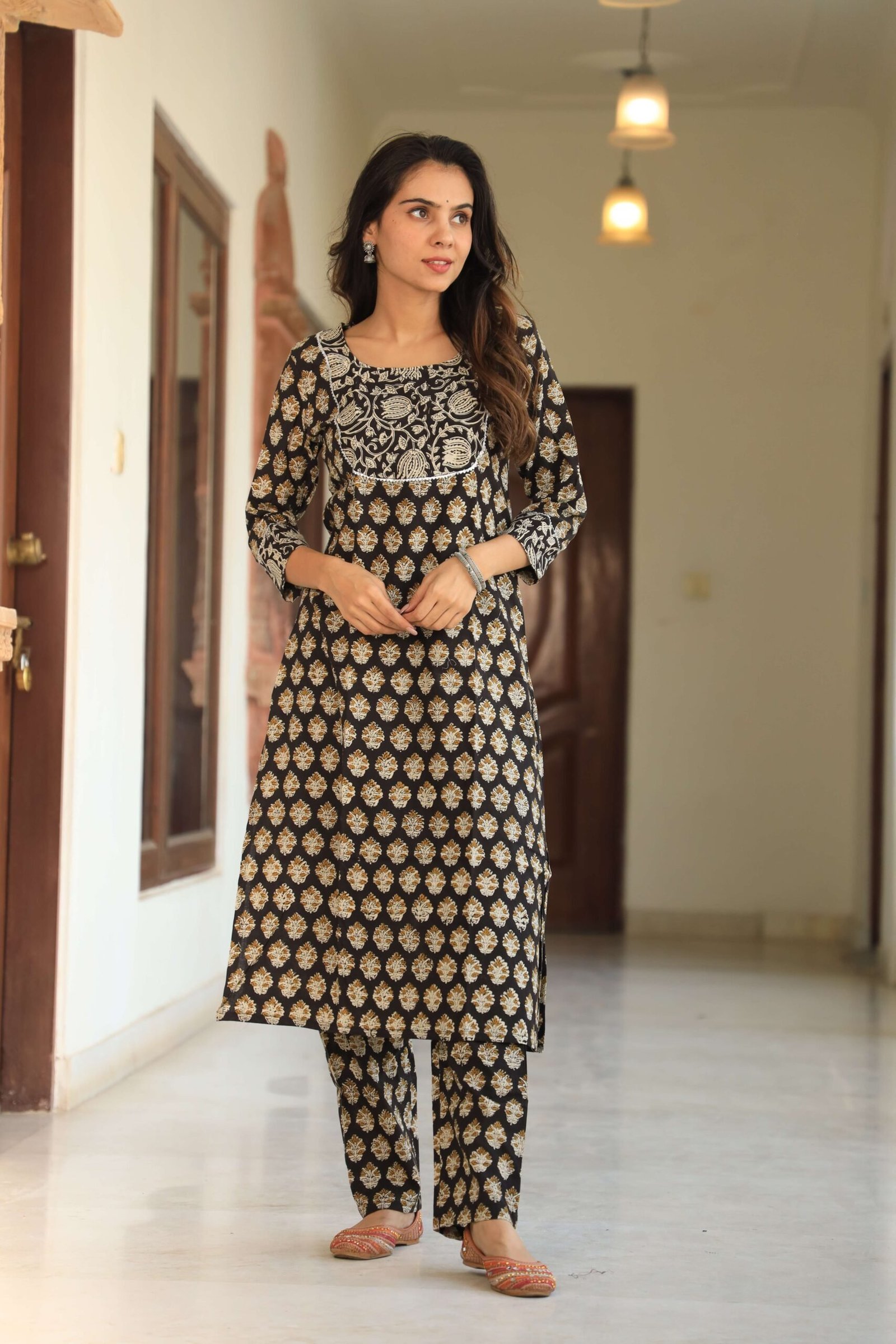 Black & Brown Printed Cotton Kurta Set for Women ? Embroidered Neckline & Straight Pants