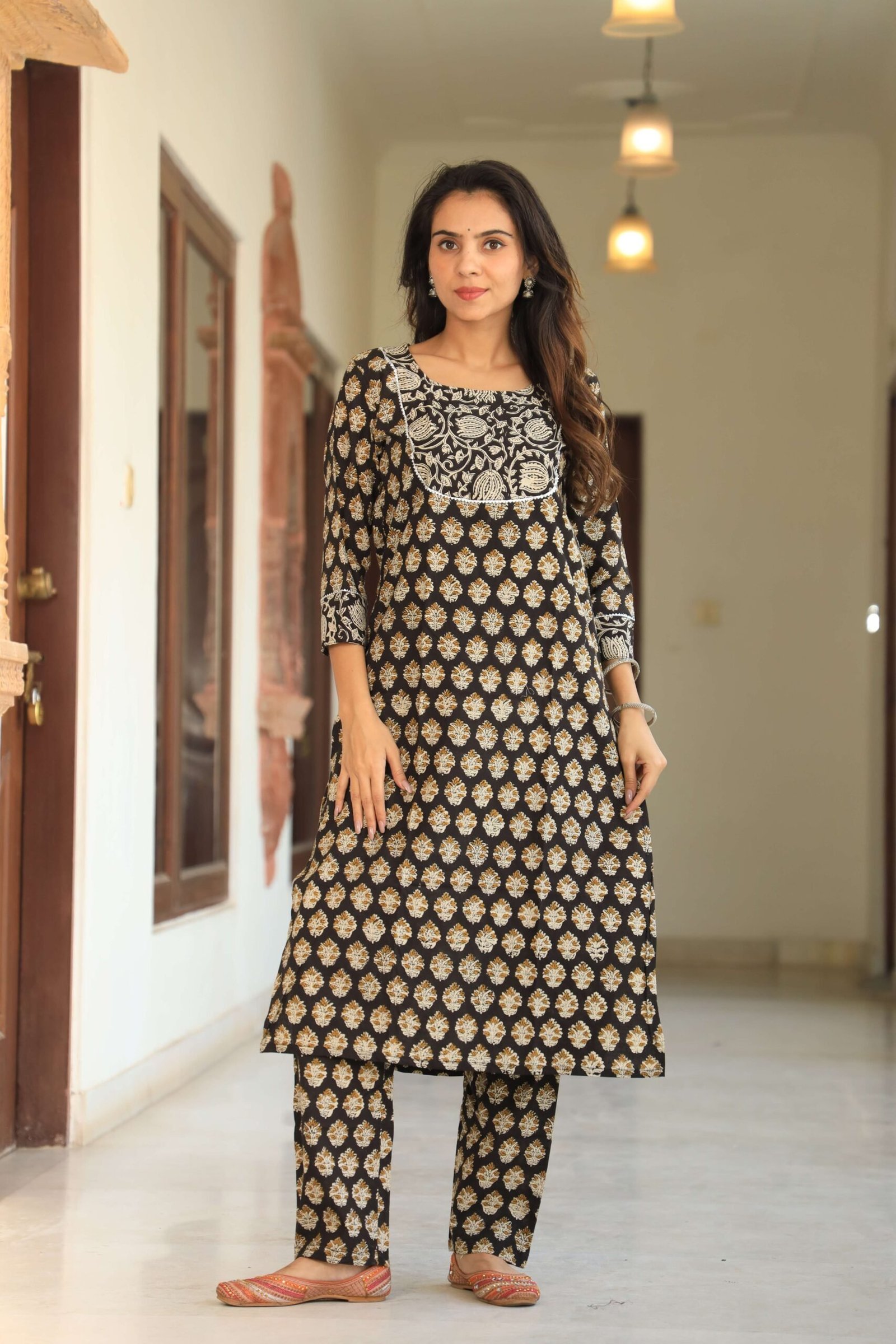 Black & Brown Printed Cotton Kurta Set for Women ? Embroidered Neckline & Straight Pants