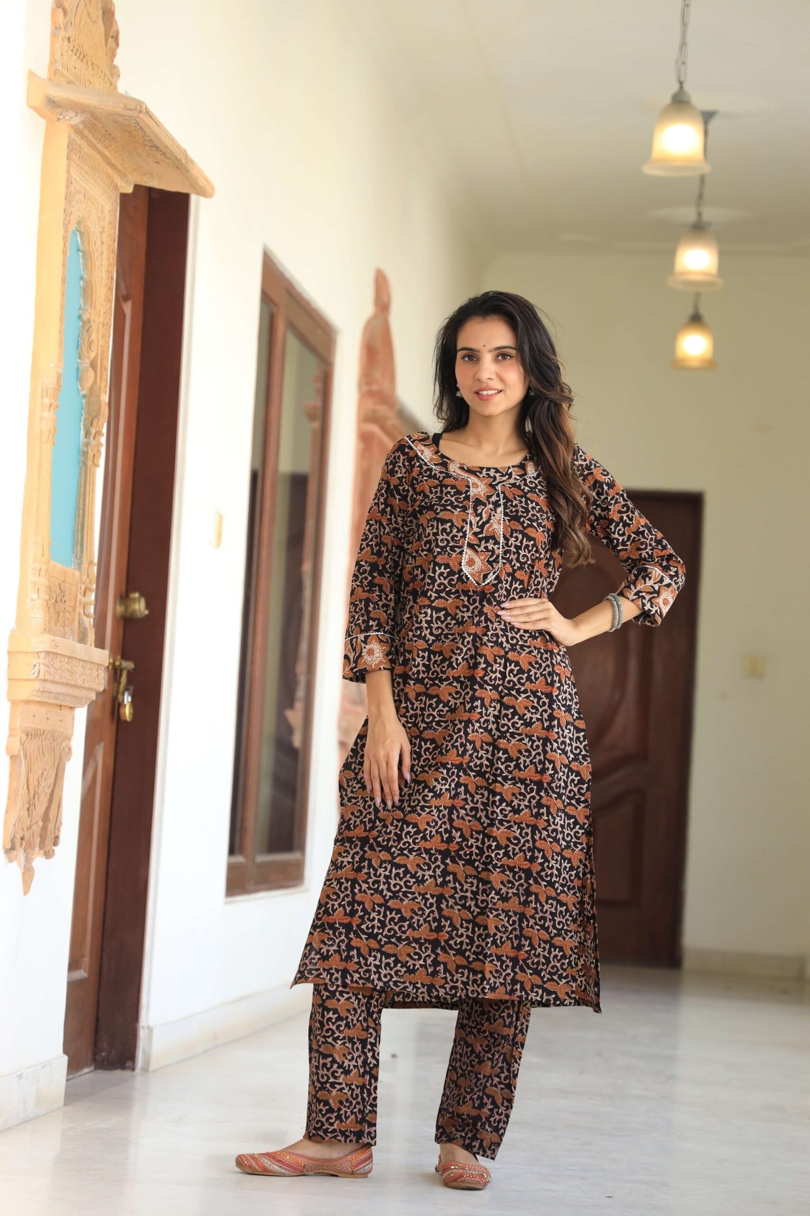 Black & Brown Printed Cotton Kurta Set for Women ? Embroidered Neckline & Straight Pants