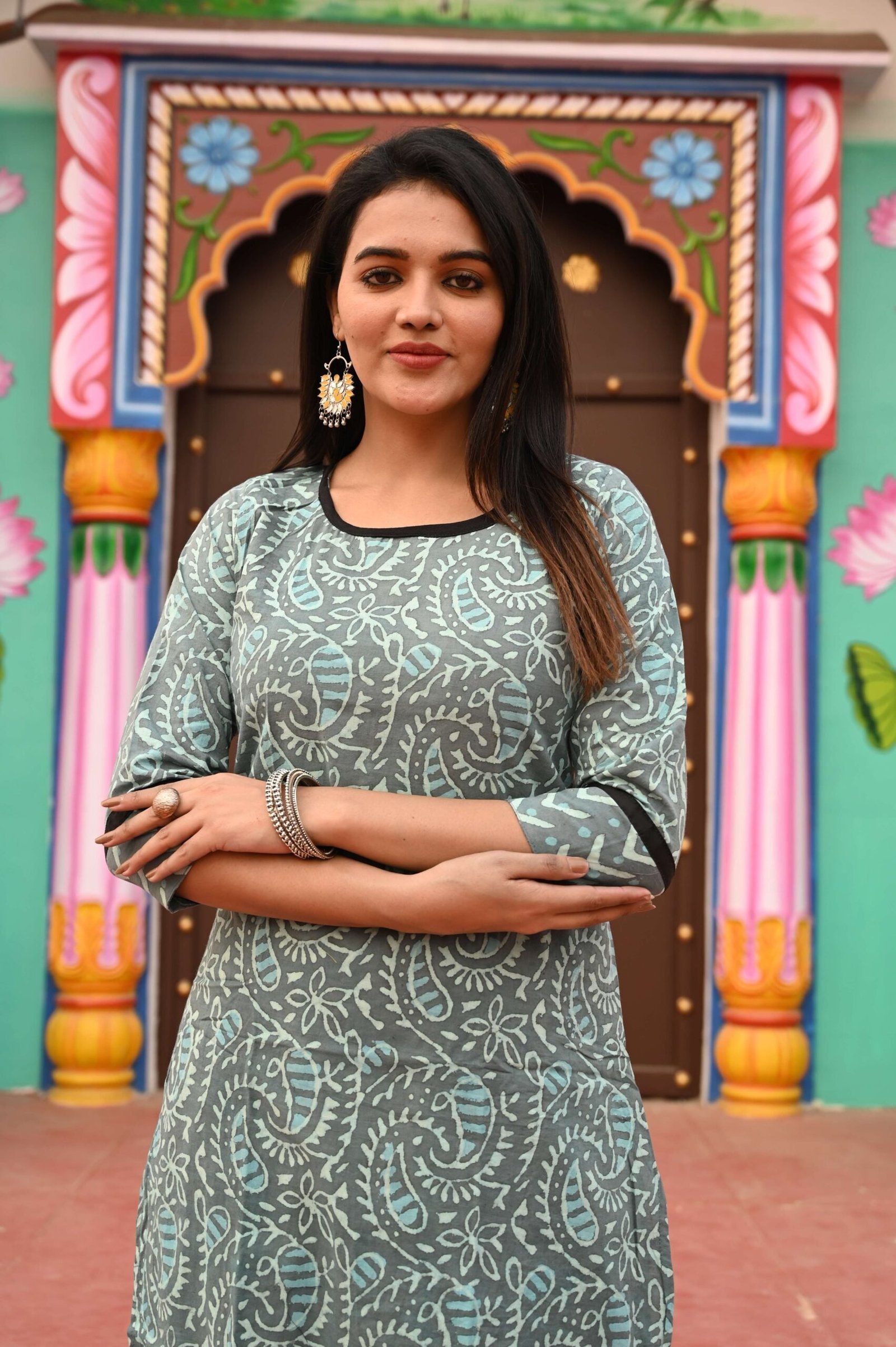 Dusty Teal Green Cotton Kurta Set for Women ? White Floral Block Print with Contrast Pants