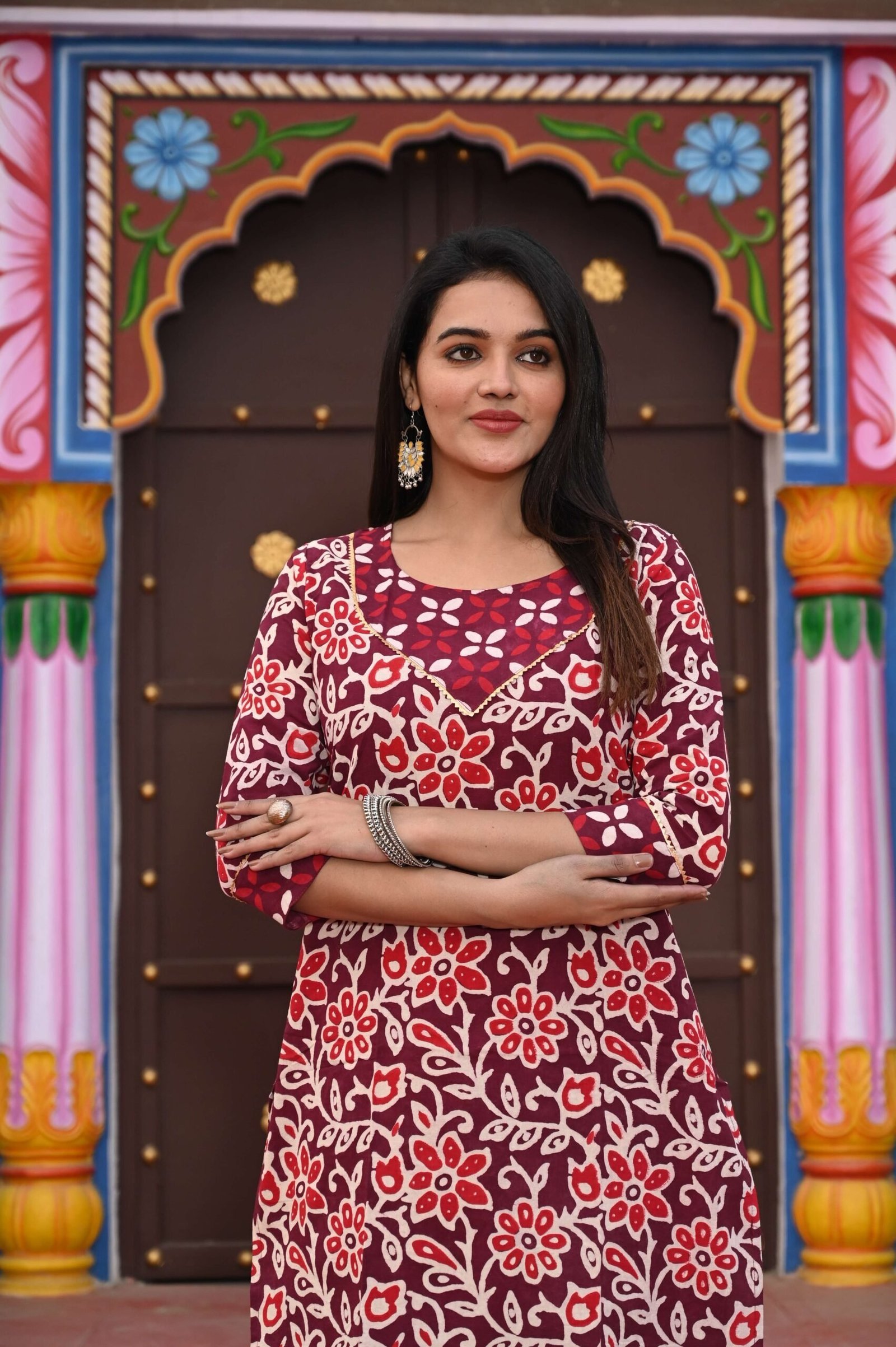 Maroon Floral Print Cotton Kurta Set with Pant Matching Pants for Women