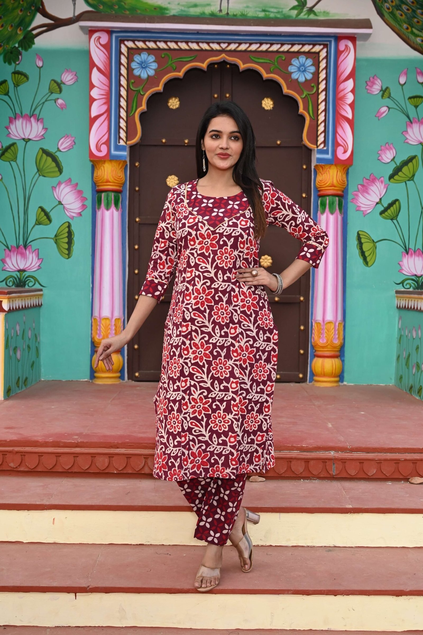 Maroon Floral Print Cotton Kurta Set with Pant Matching Pants for Women