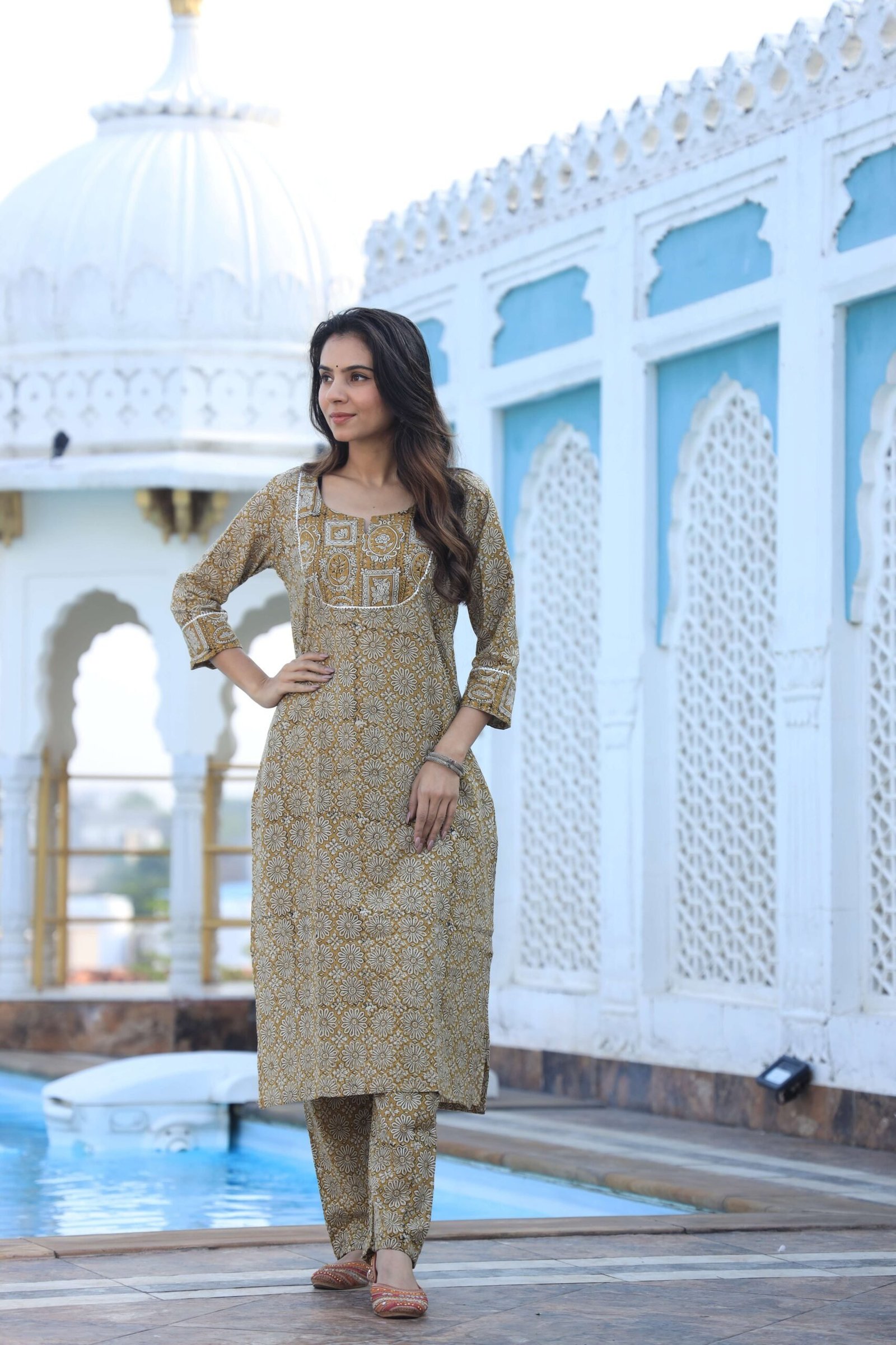 Mustard Yellow Cotton Kurta Set for Women ? Floral Print with Contrasting Yoke & Straight Pants