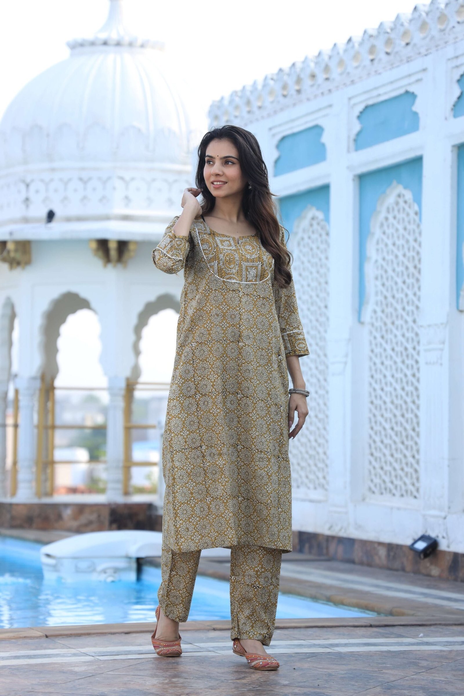 Mustard Yellow Cotton Kurta Set for Women ? Floral Print with Contrasting Yoke & Straight Pants