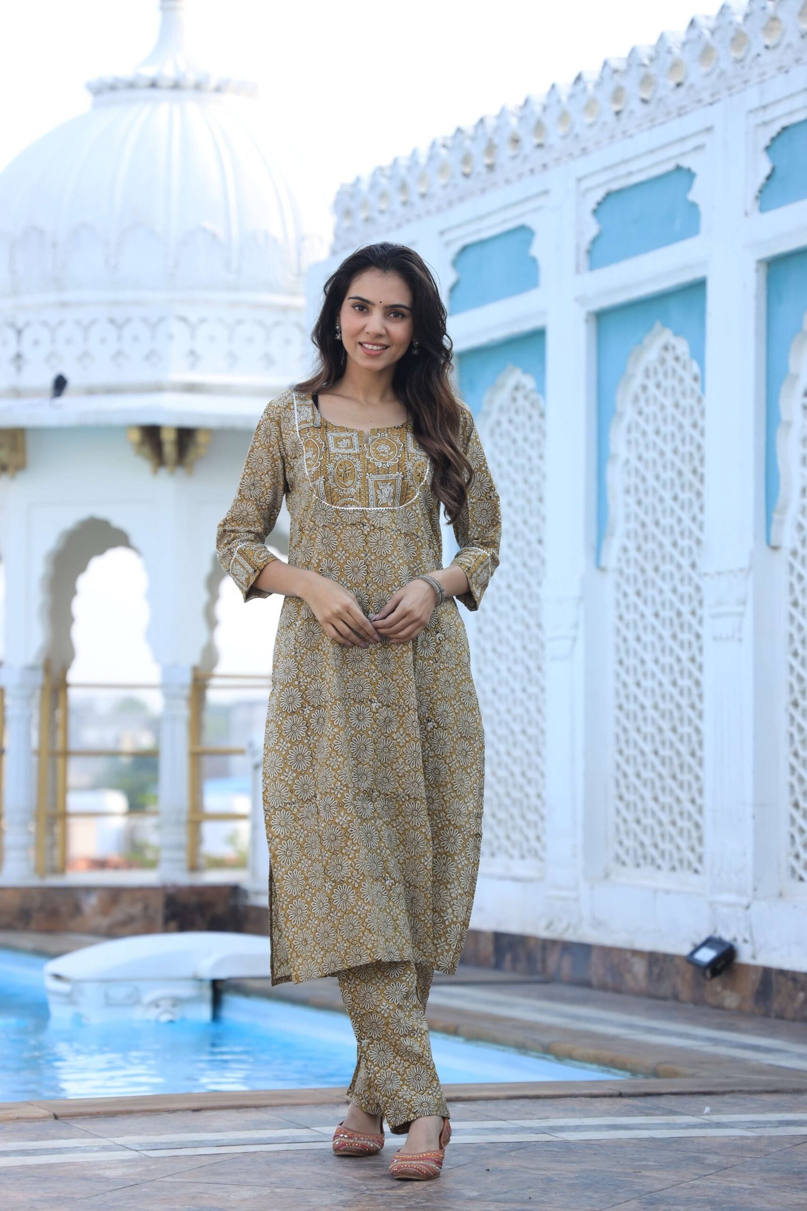 Mustard Yellow Cotton Kurta Set for Women ? Floral Print with Contrasting Yoke & Straight Pants