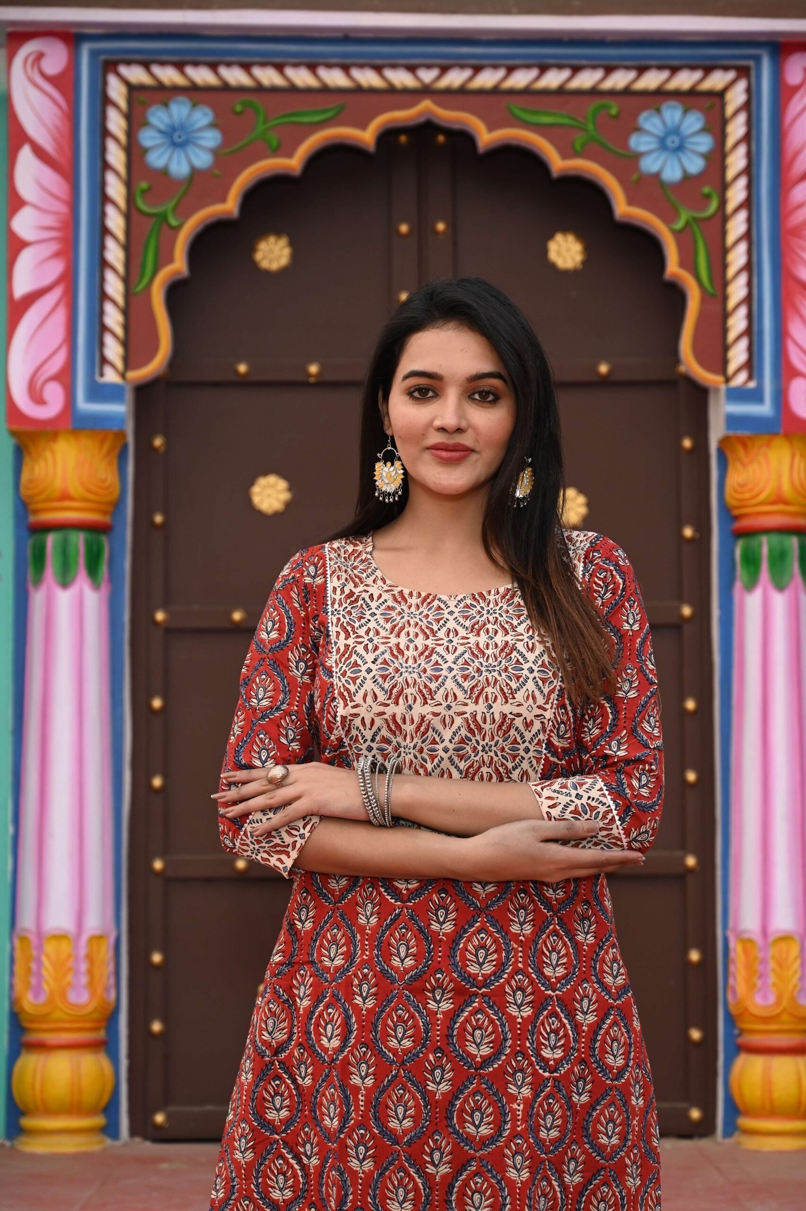 Red Cotton Kurta Set for Women ? Cream Patchwork Design with Printed Pants