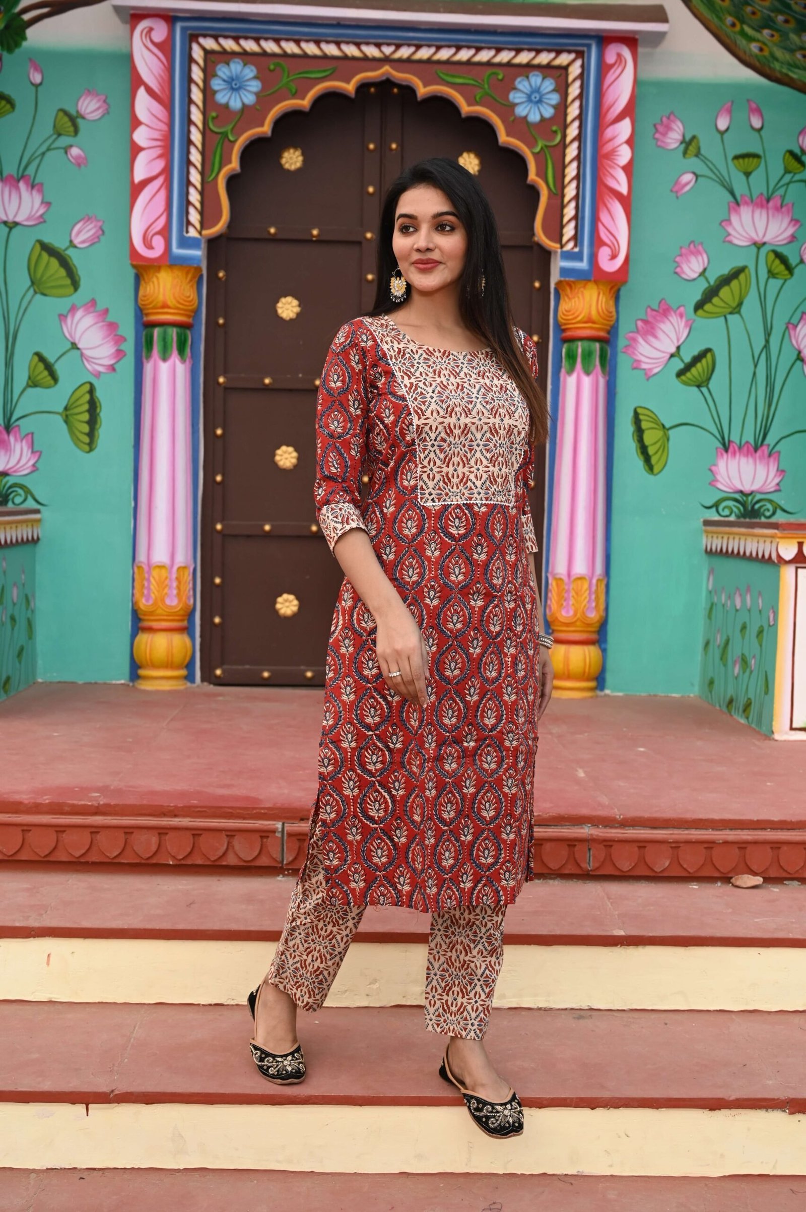 Red Cotton Kurta Set for Women ? Cream Patchwork Design with Printed Pants