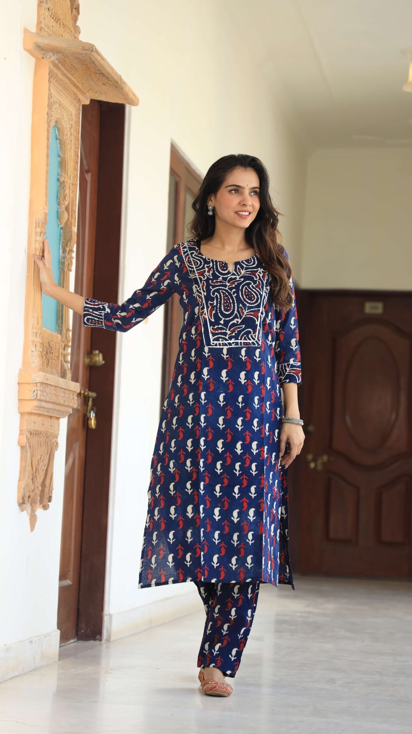 Women?s Navy Blue Cotton Kurta Set with Pants ? Paisley Yoke & Printed Ethnic Wear