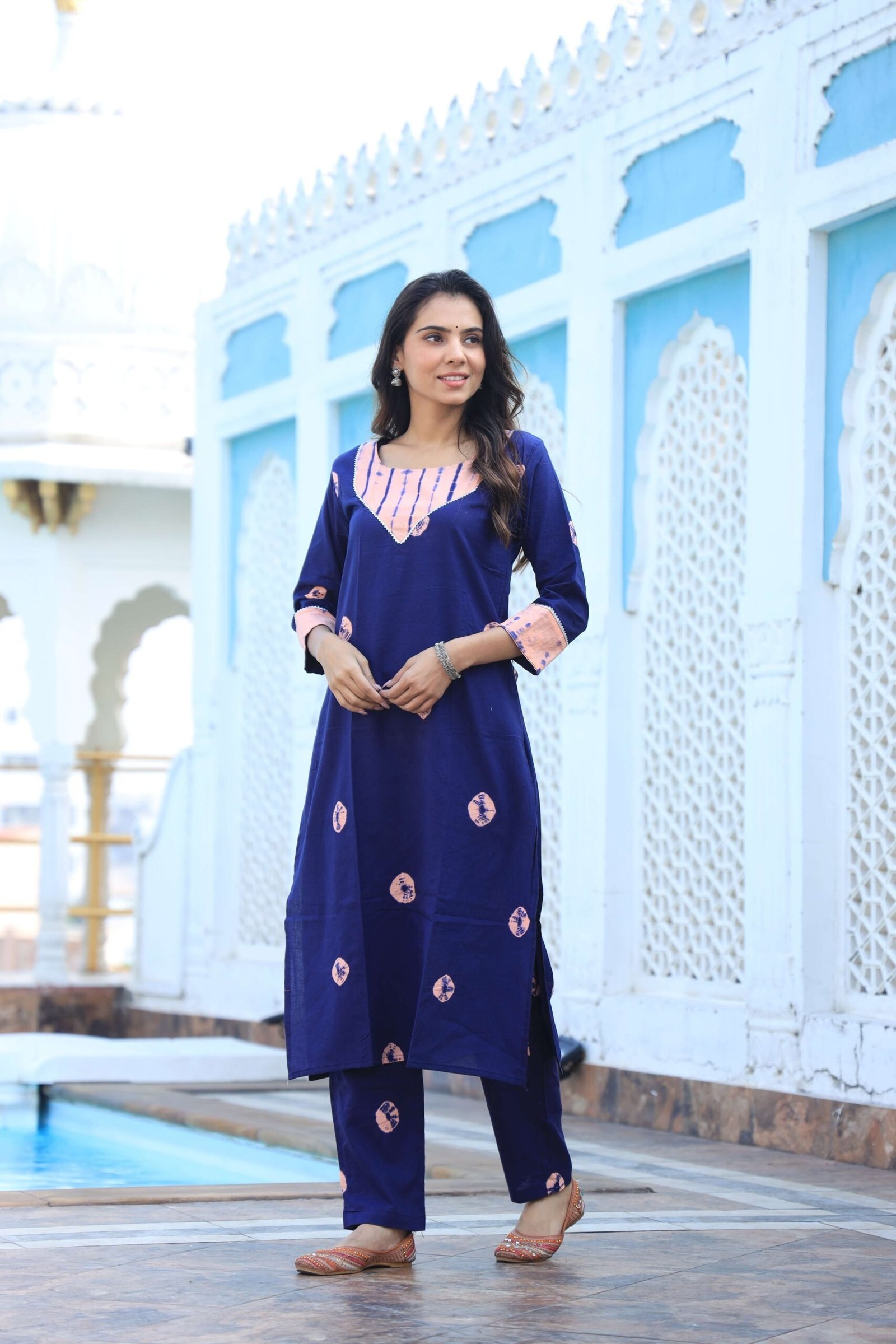 Women?s Navy Blue Cotton Kurta Set with Peach Print ? Elegant Ethnic Wear