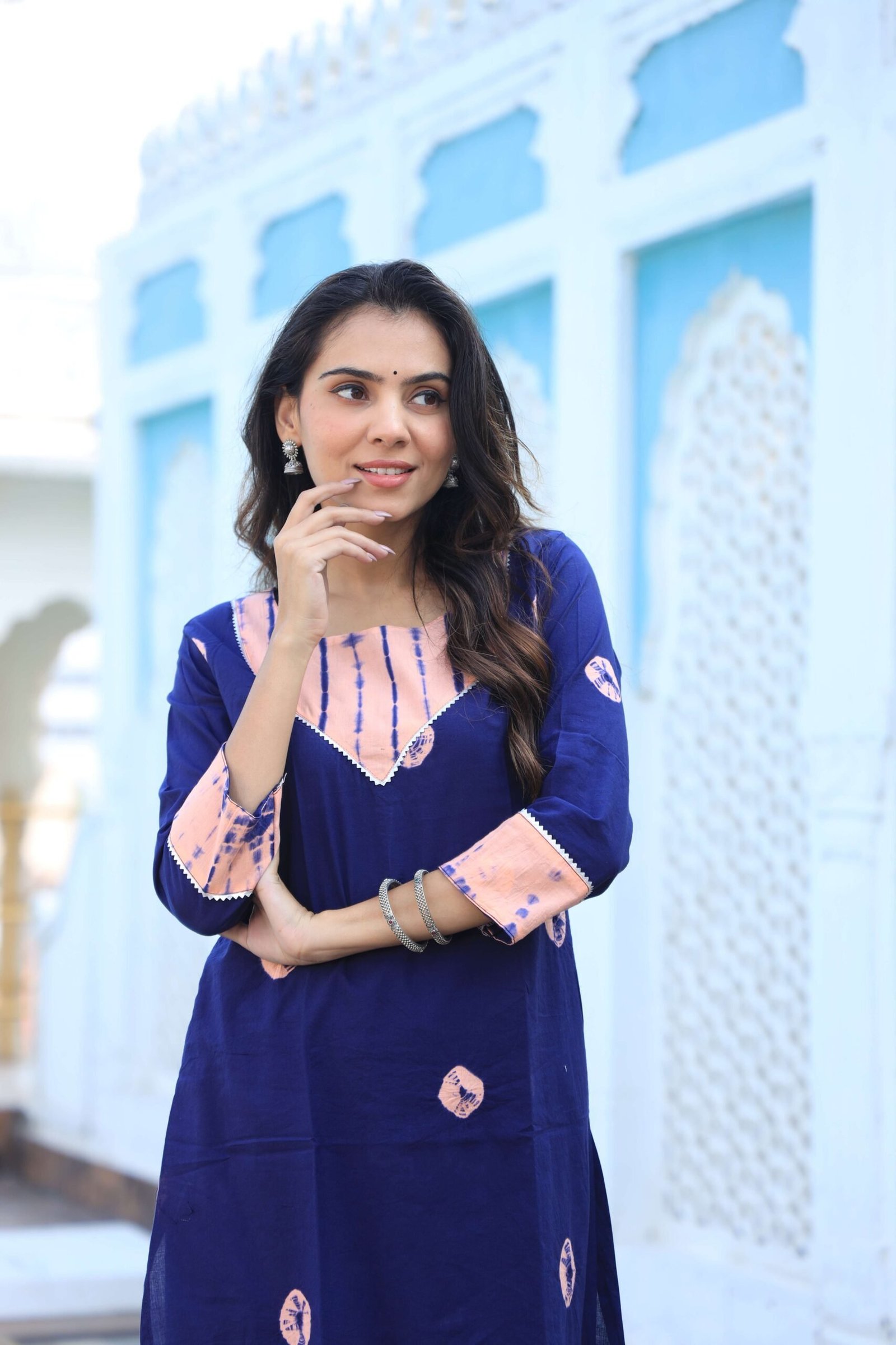 Women?s Navy Blue Cotton Kurta Set with Peach Print ? Elegant Ethnic Wear