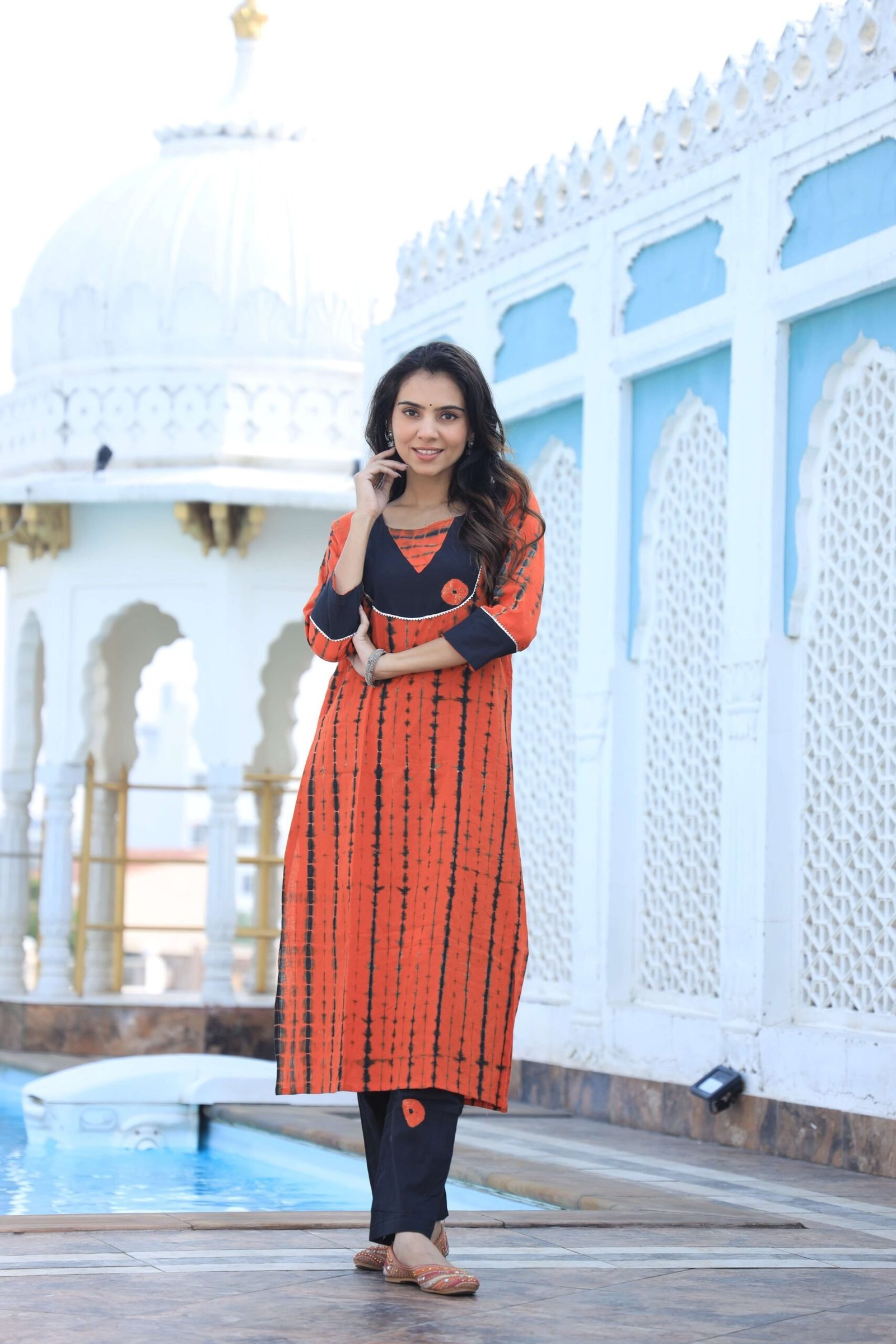 Women?s Orange Cotton Kurta with Black Pants ? Ethnic Casual Wear Set