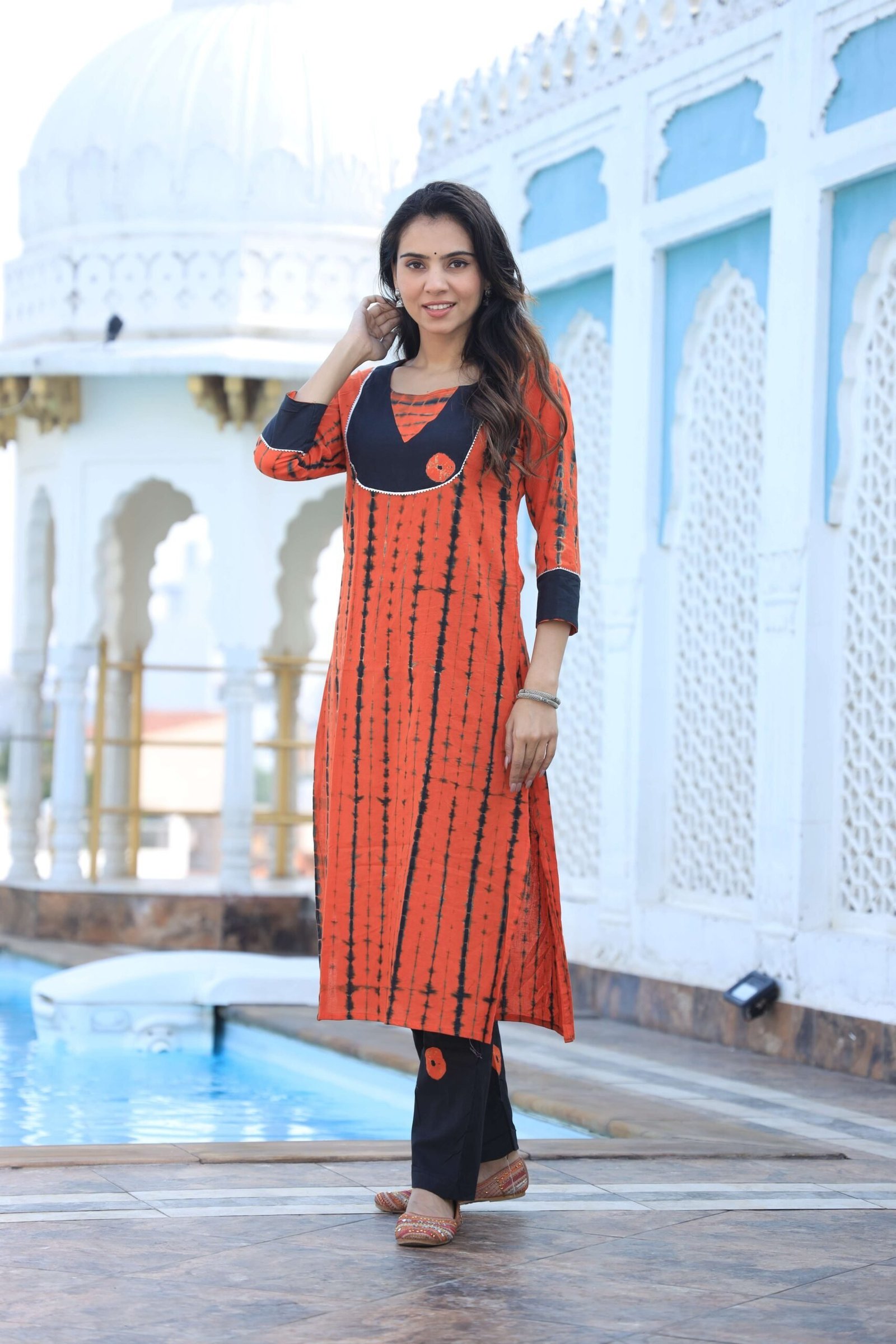 Women?s Orange Cotton Kurta with Black Pants ? Ethnic Casual Wear Set