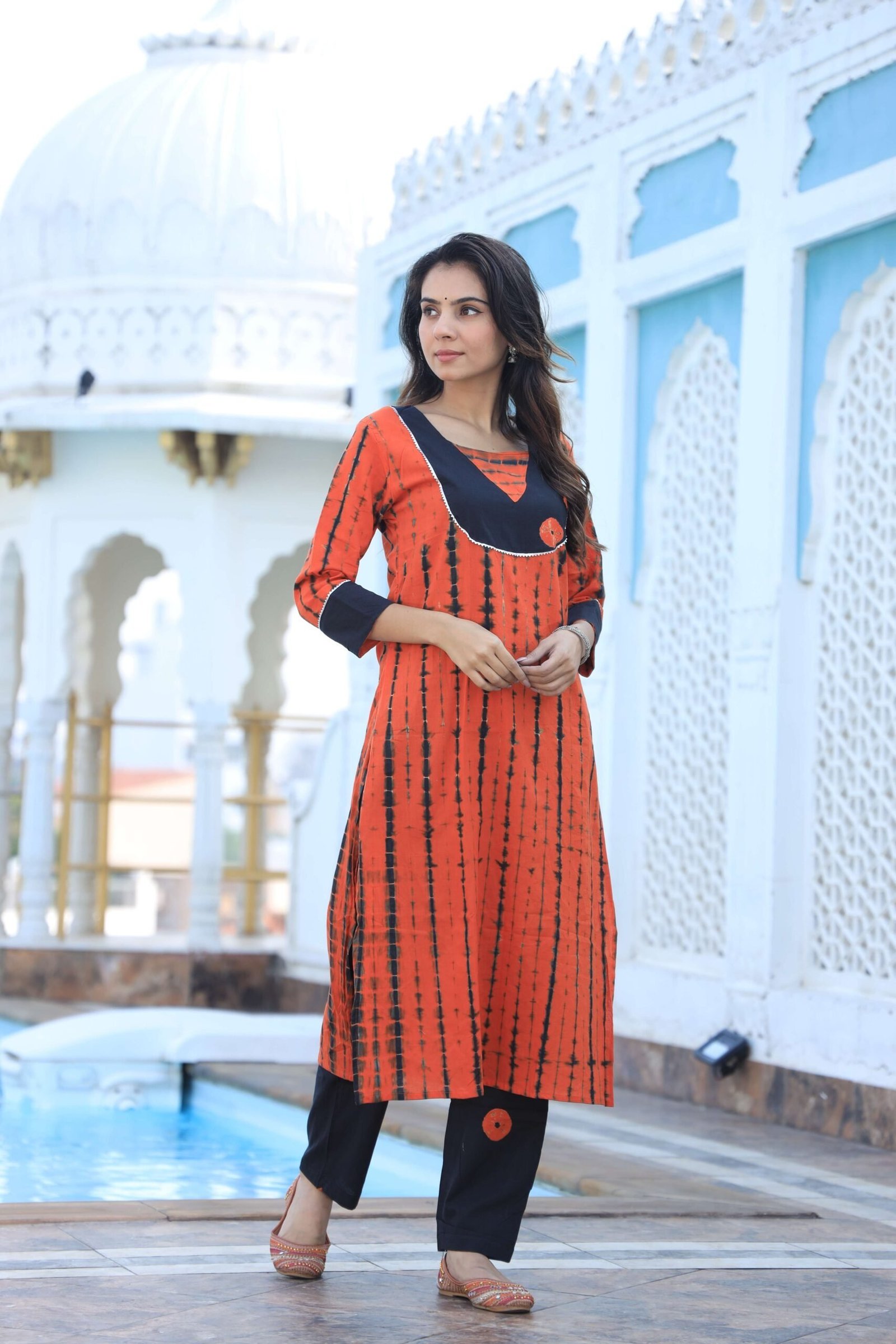 Women?s Orange Cotton Kurta with Black Pants ? Ethnic Casual Wear Set