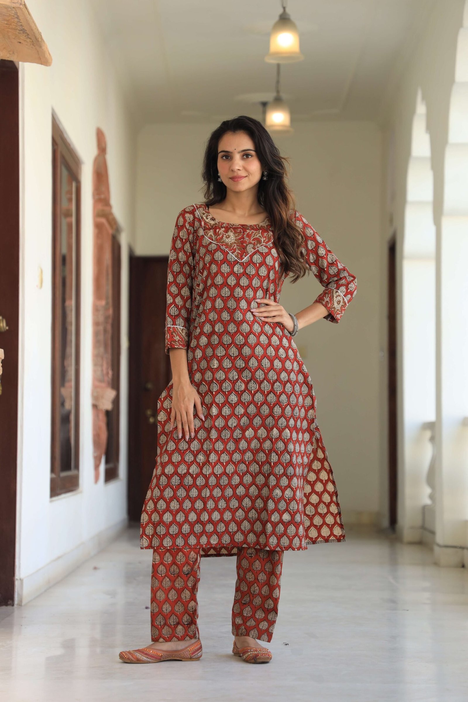 Women?s Red Cotton Kurta Set with Pants