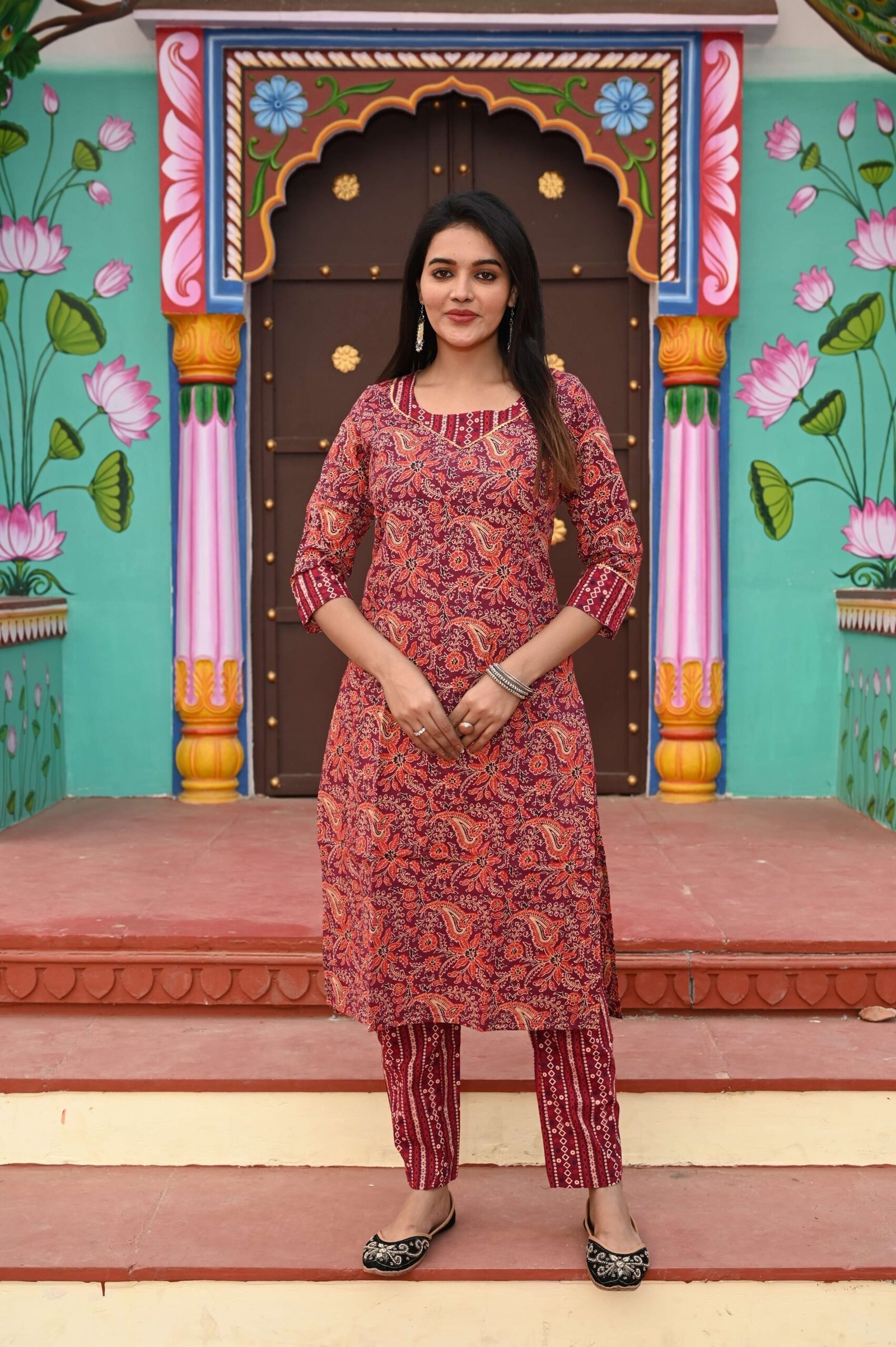 Women?s Red Cotton Kurta Set with Pants