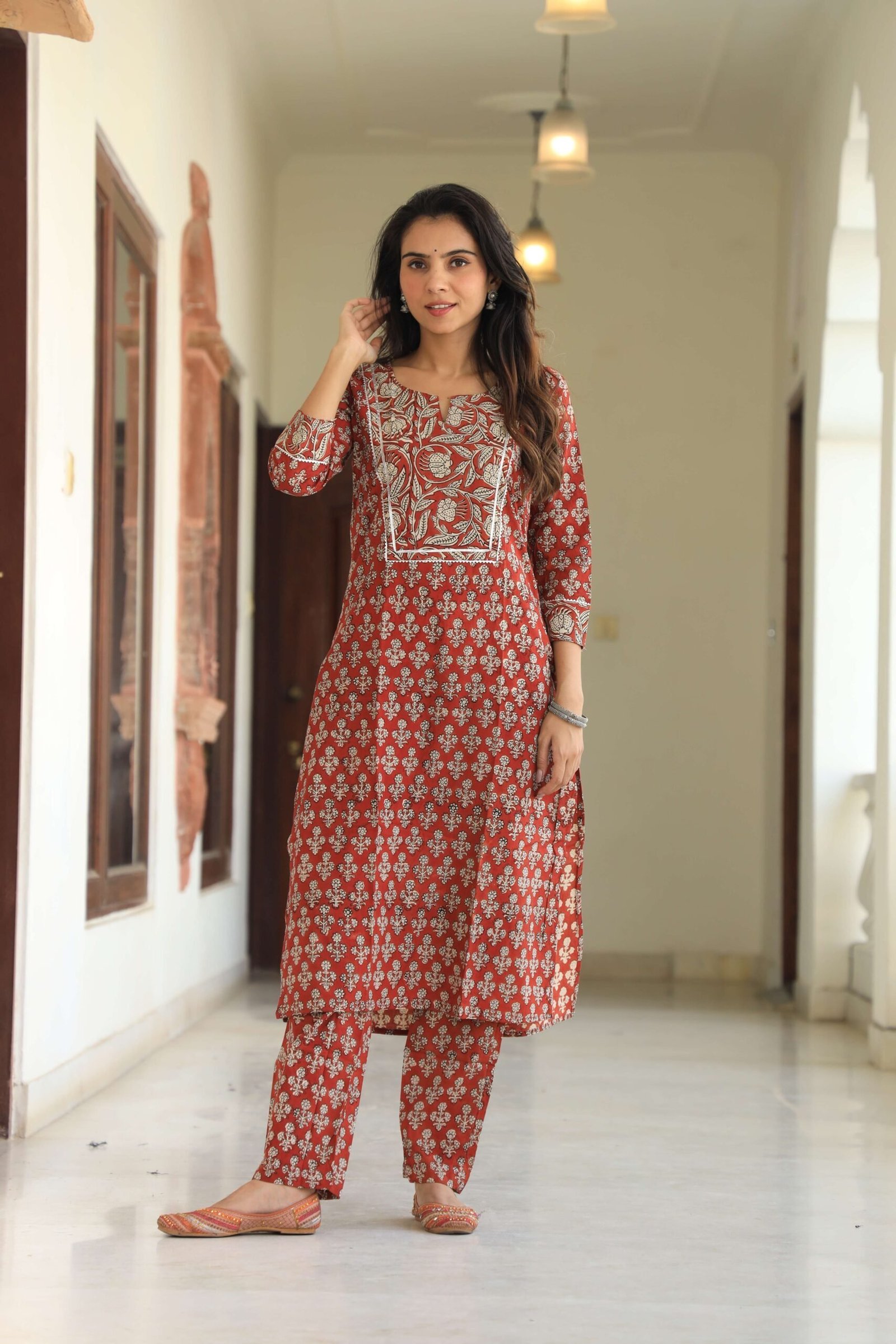 Women?s Red Cotton Kurta Set with Pants