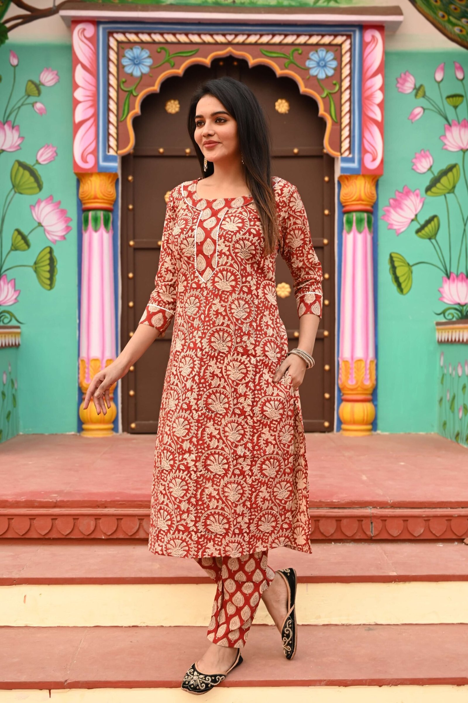 Women?s Red Cotton Printed Kurta Set with Pants ? Stylish Ethnic Daily Wear