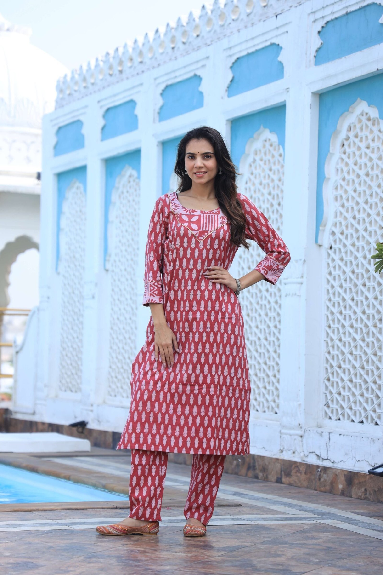 Women?s Red Cotton Printed Kurta Set with Pants ? Stylish Ethnic Daily Wear