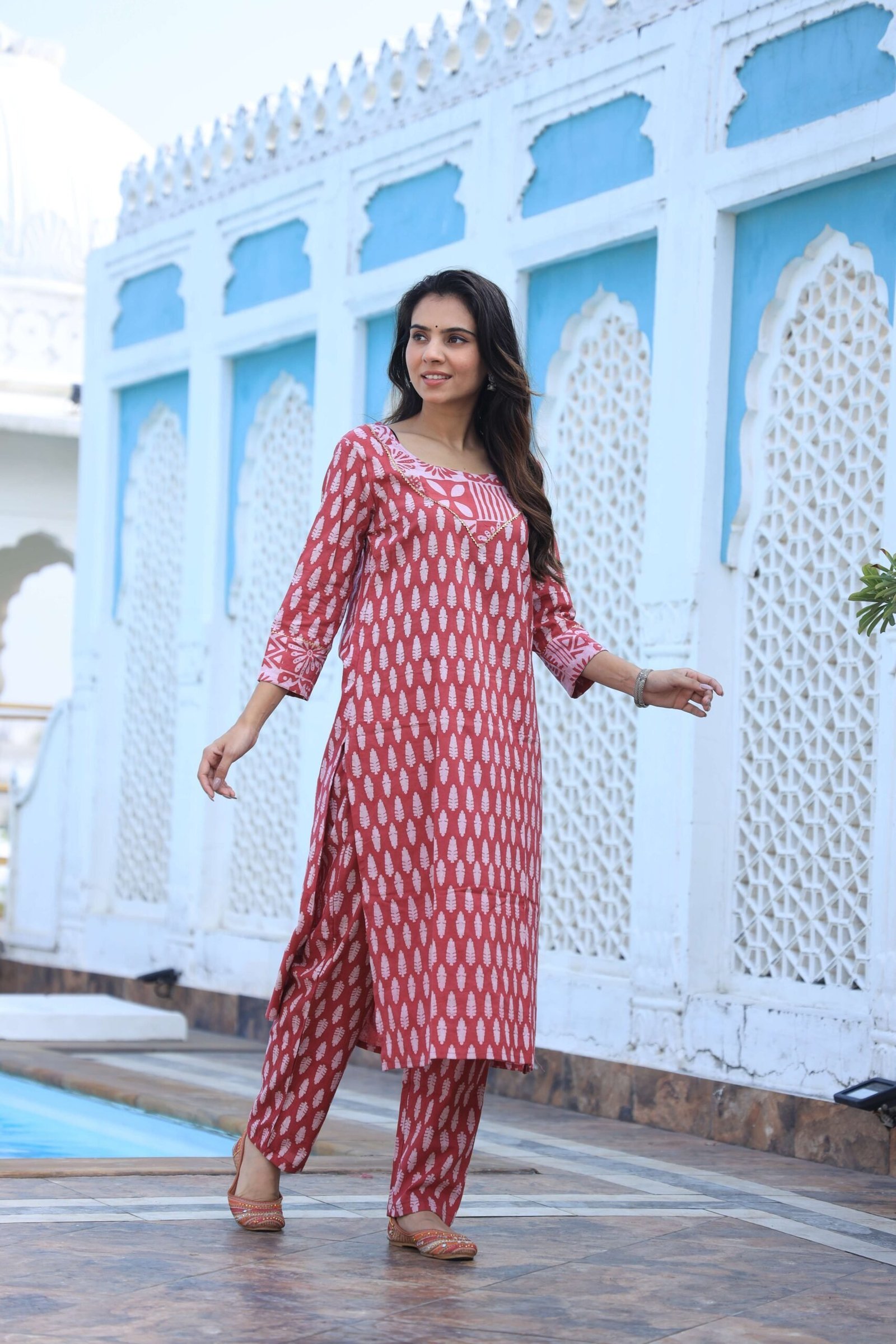 Women?s Red Cotton Printed Kurta Set with Pants ? Stylish Ethnic Daily Wear