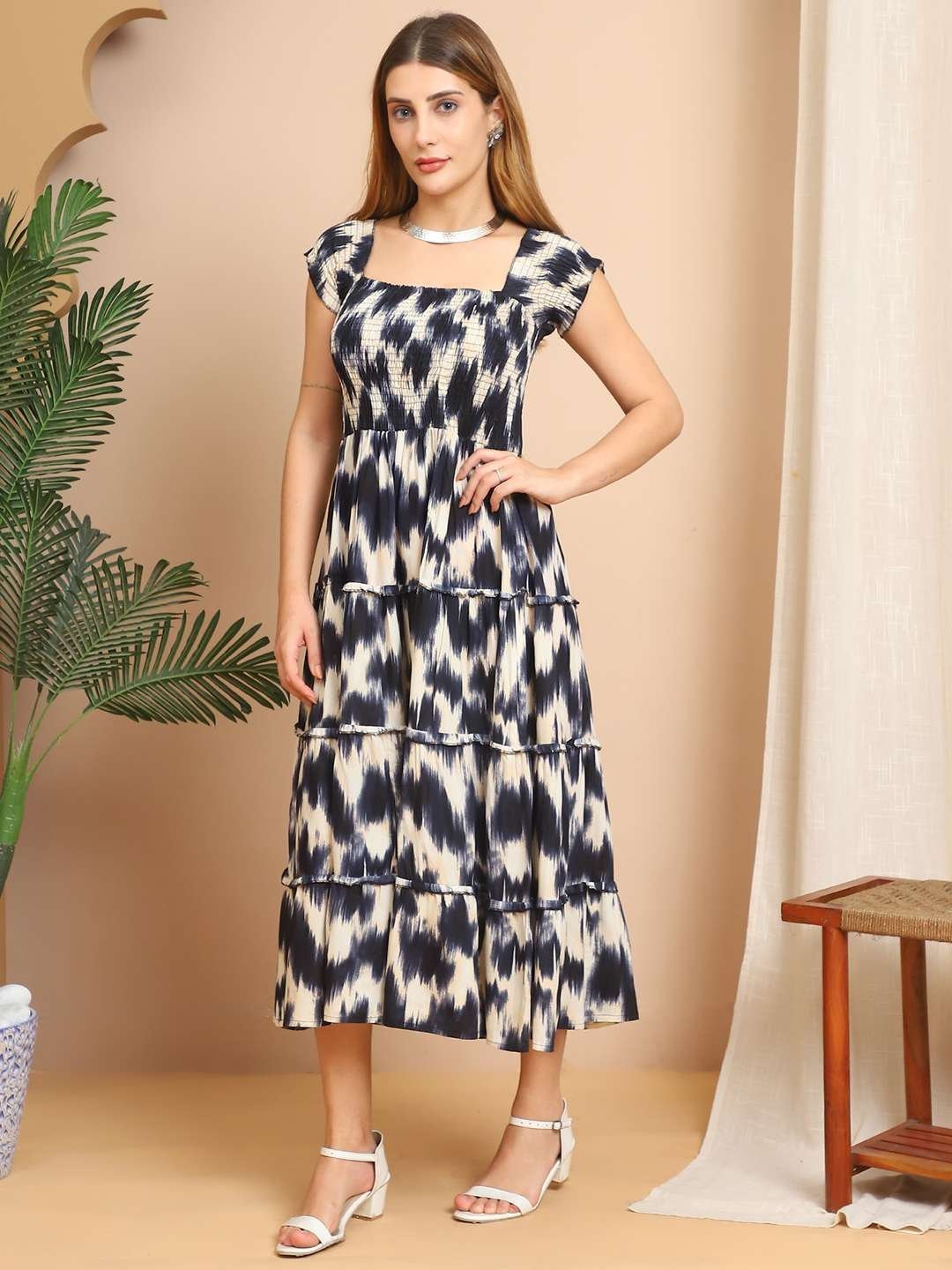 Women’s Viscos Rayon Printed Off Shoulder Midi Dress For Summer And Casual Wear (Blue Cream)