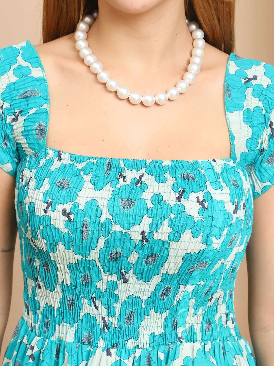 Women’s Viscos Rayon Printed Off Shoulder Midi Dress For Summer And Casual Wear (Blue Floral)