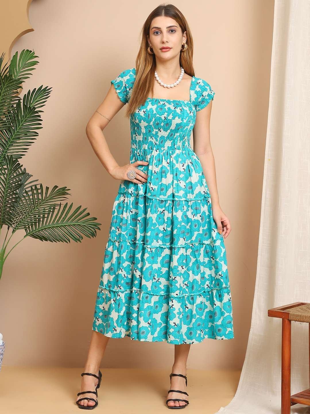 Women’s Viscos Rayon Printed Off Shoulder Midi Dress For Summer And Casual Wear (Blue Floral)