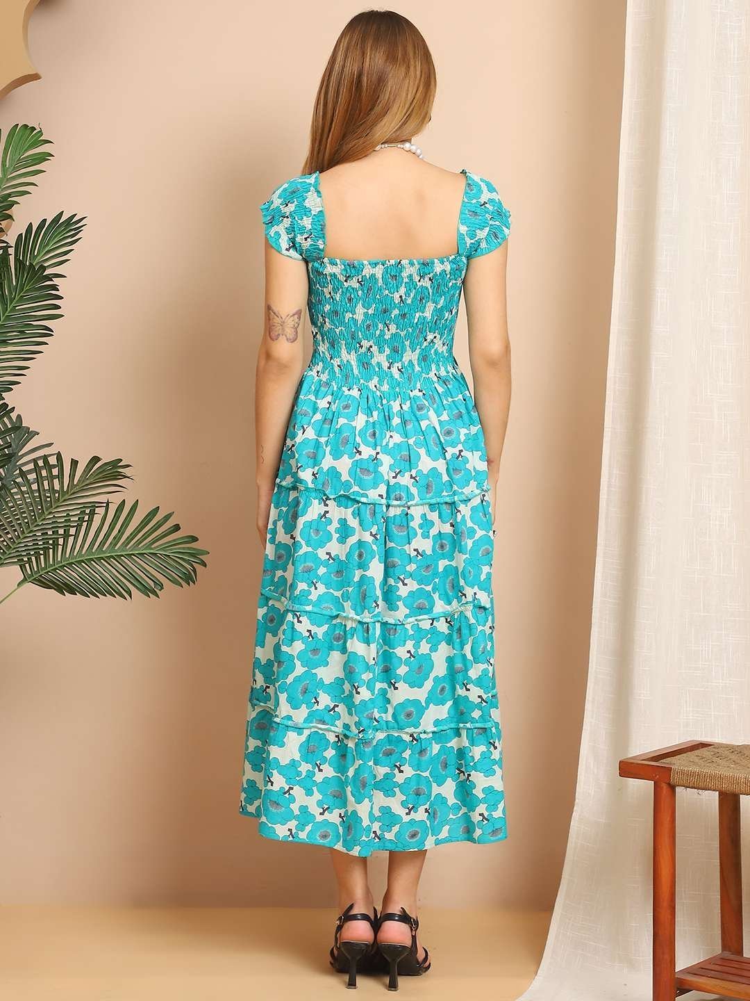 Women’s Viscos Rayon Printed Off Shoulder Midi Dress For Summer And Casual Wear (Blue Floral)