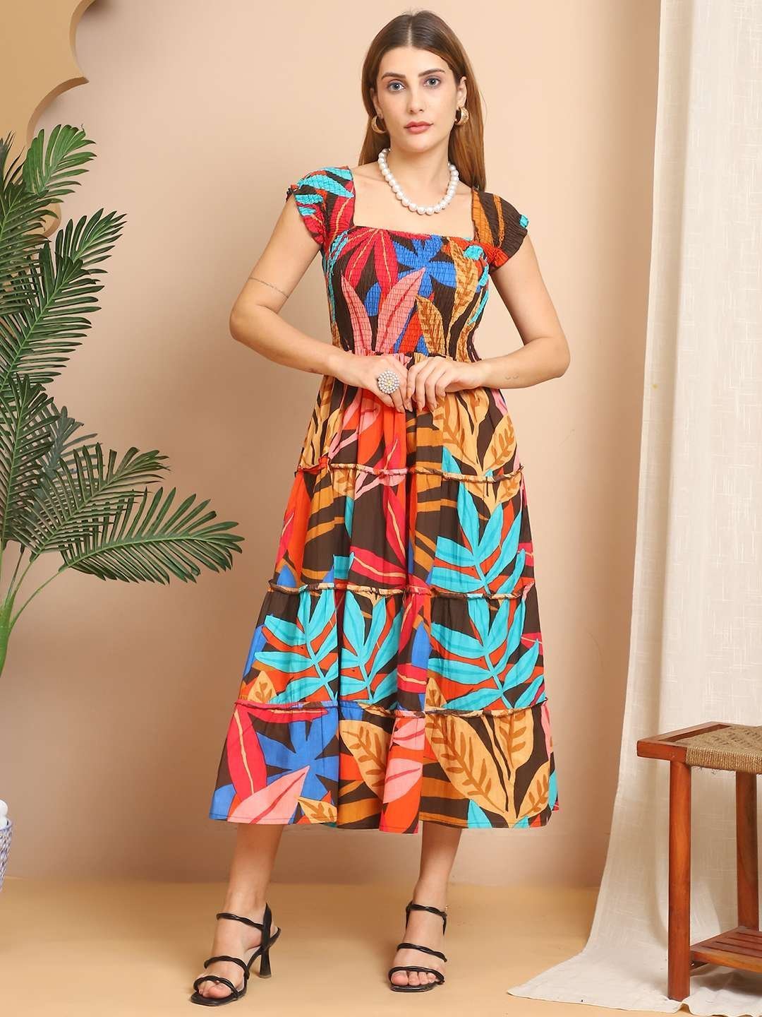 Women’s Viscos Rayon Printed Off Shoulder Midi Dress For Summer And Casual Wear (Multti Color1)