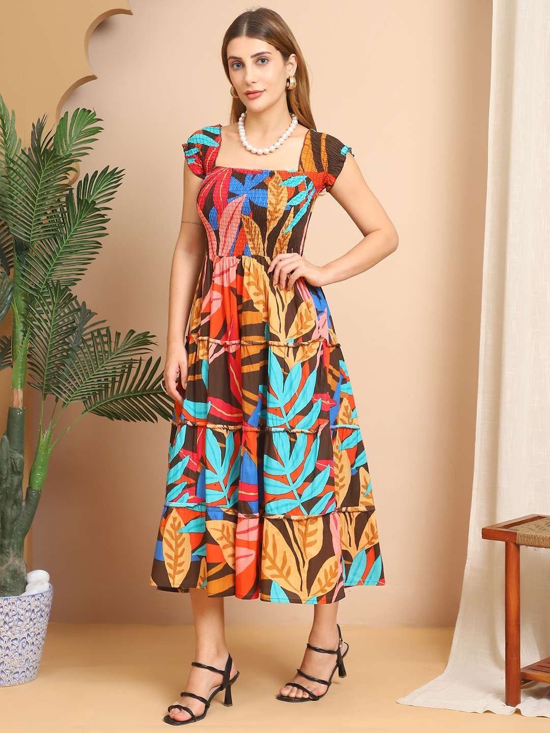 Women’s Viscos Rayon Printed Off Shoulder Midi Dress For Summer And Casual Wear (Multti Color1)