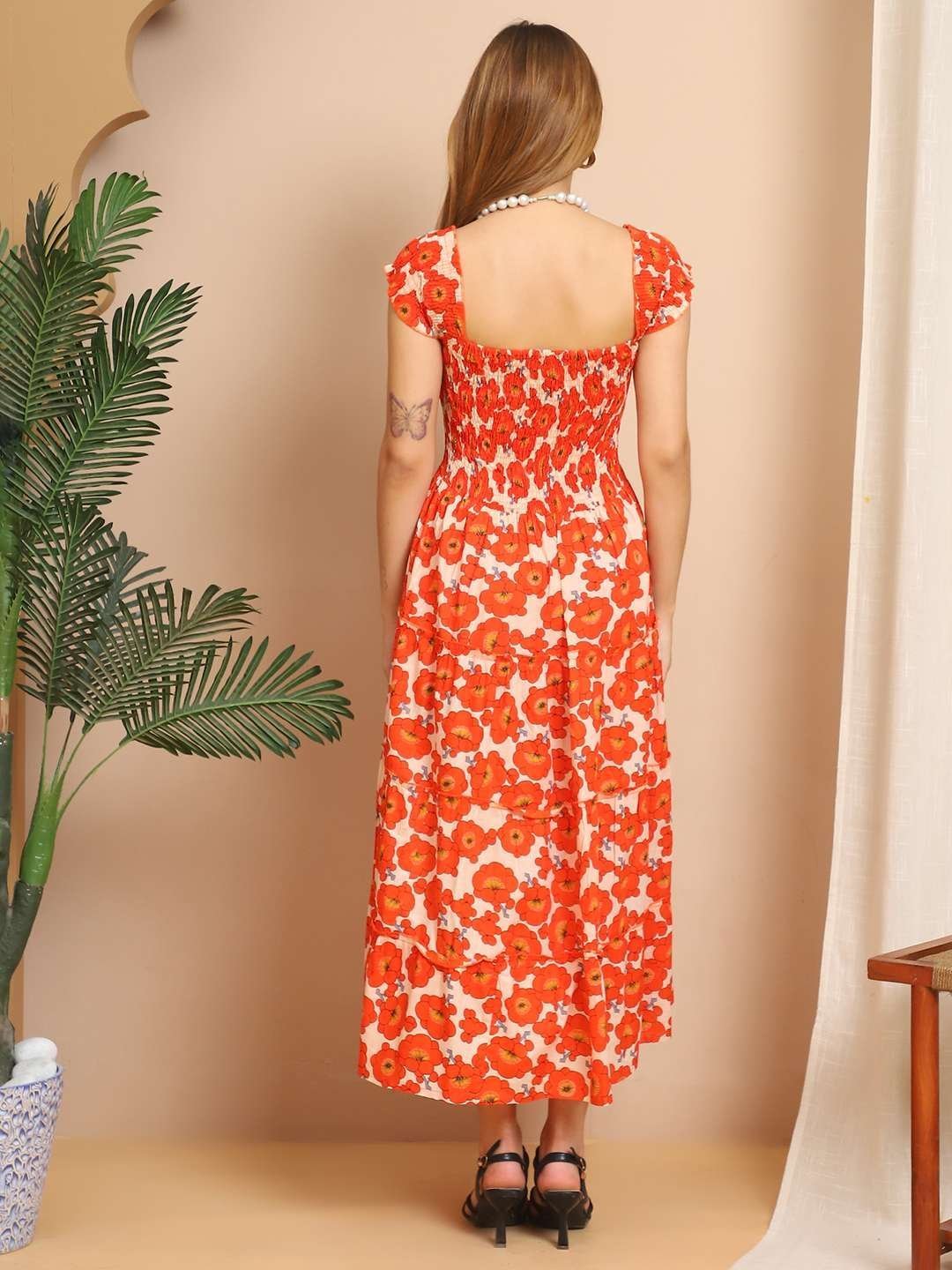 Women’s Viscos Rayon Printed Off Shoulder Midi Dress For Summer And Casual Wear (Orange Floral)