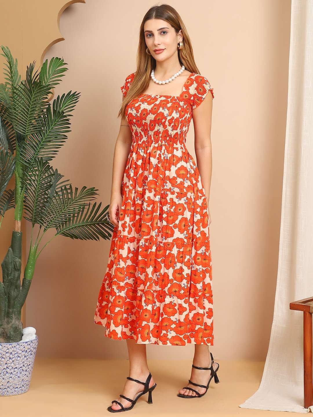 Women’s Viscos Rayon Printed Off Shoulder Midi Dress For Summer And Casual Wear (Orange Floral)